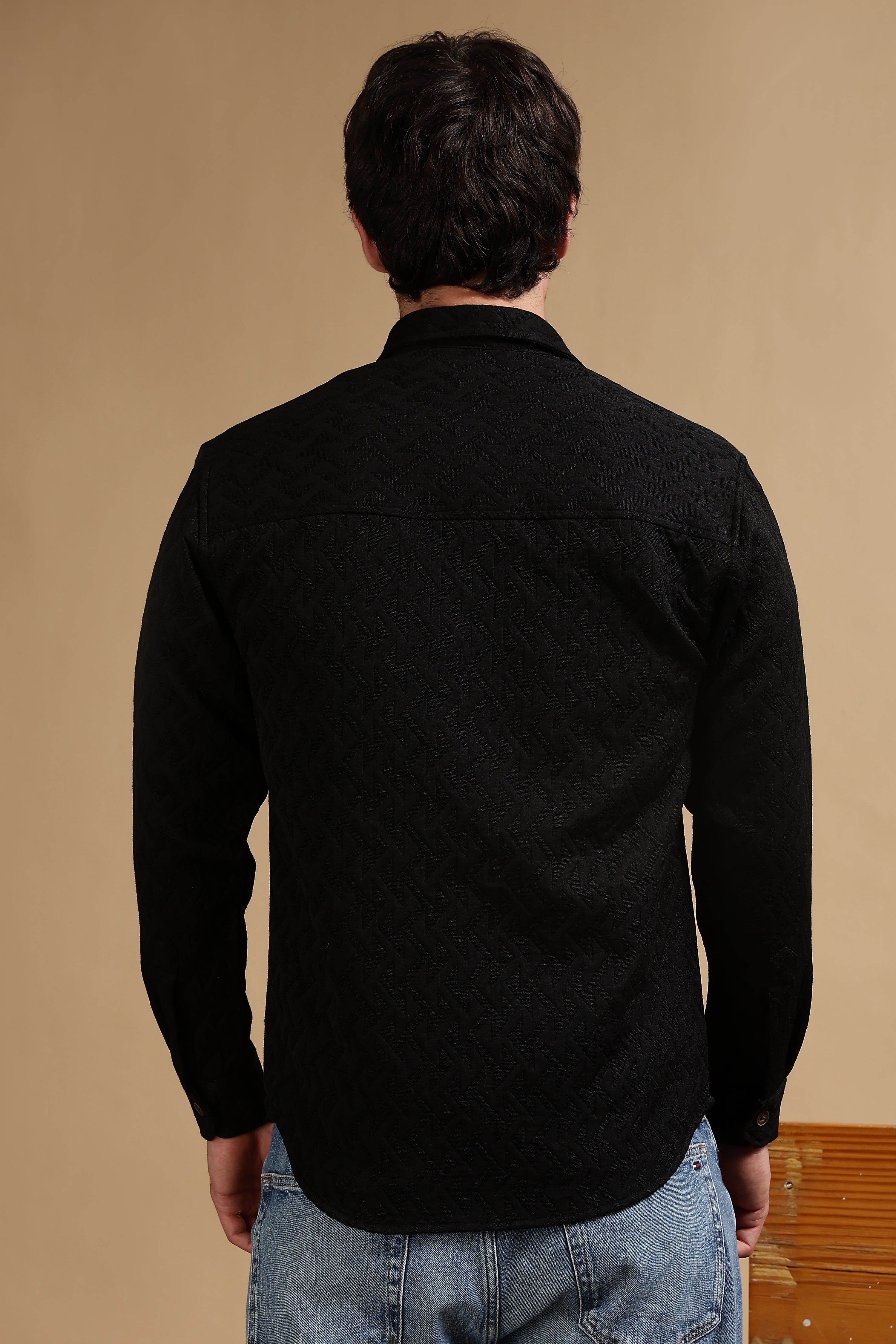 Men Black Poly Cotton Shacket