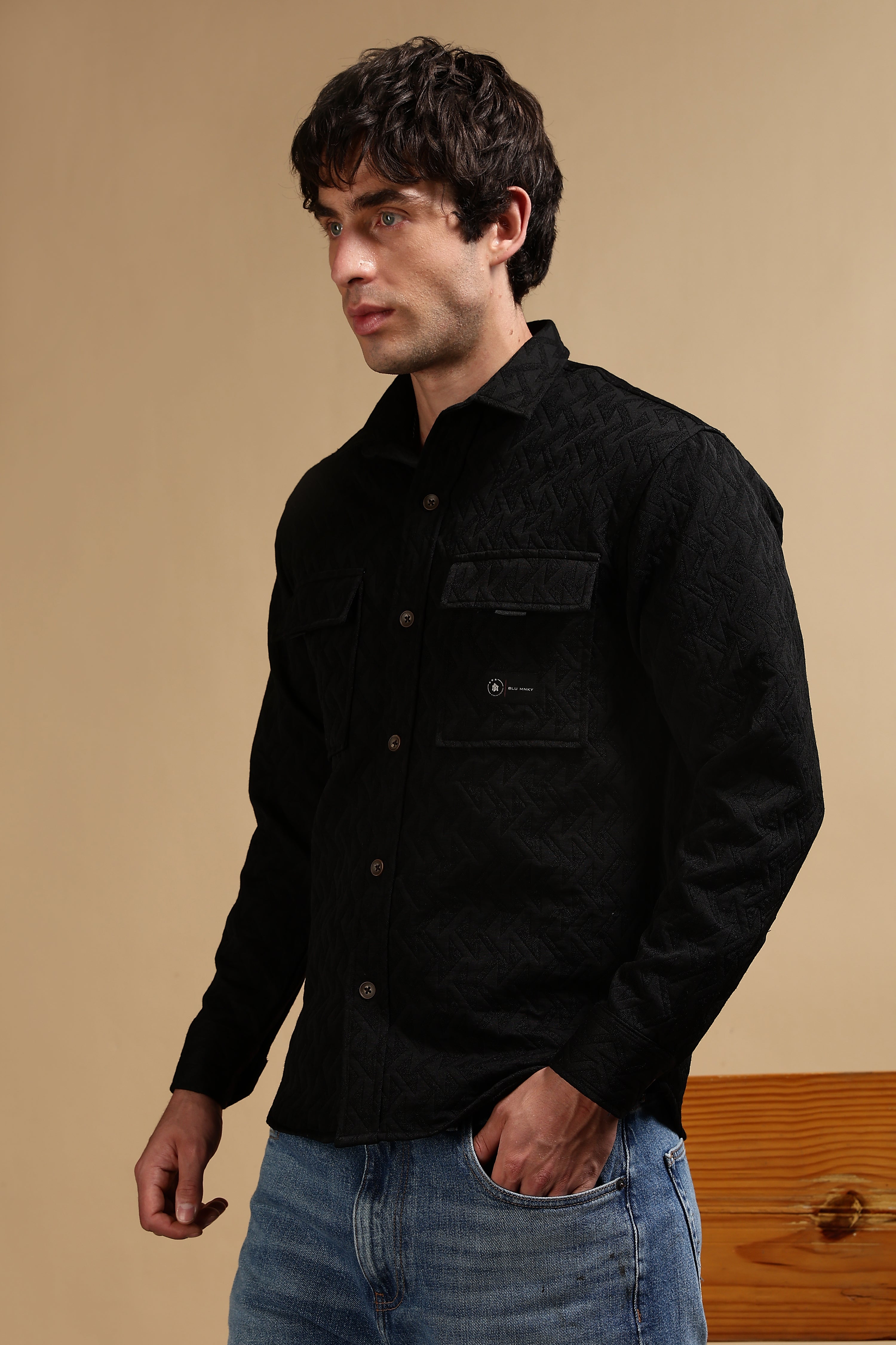 Men Black Poly Cotton Shacket