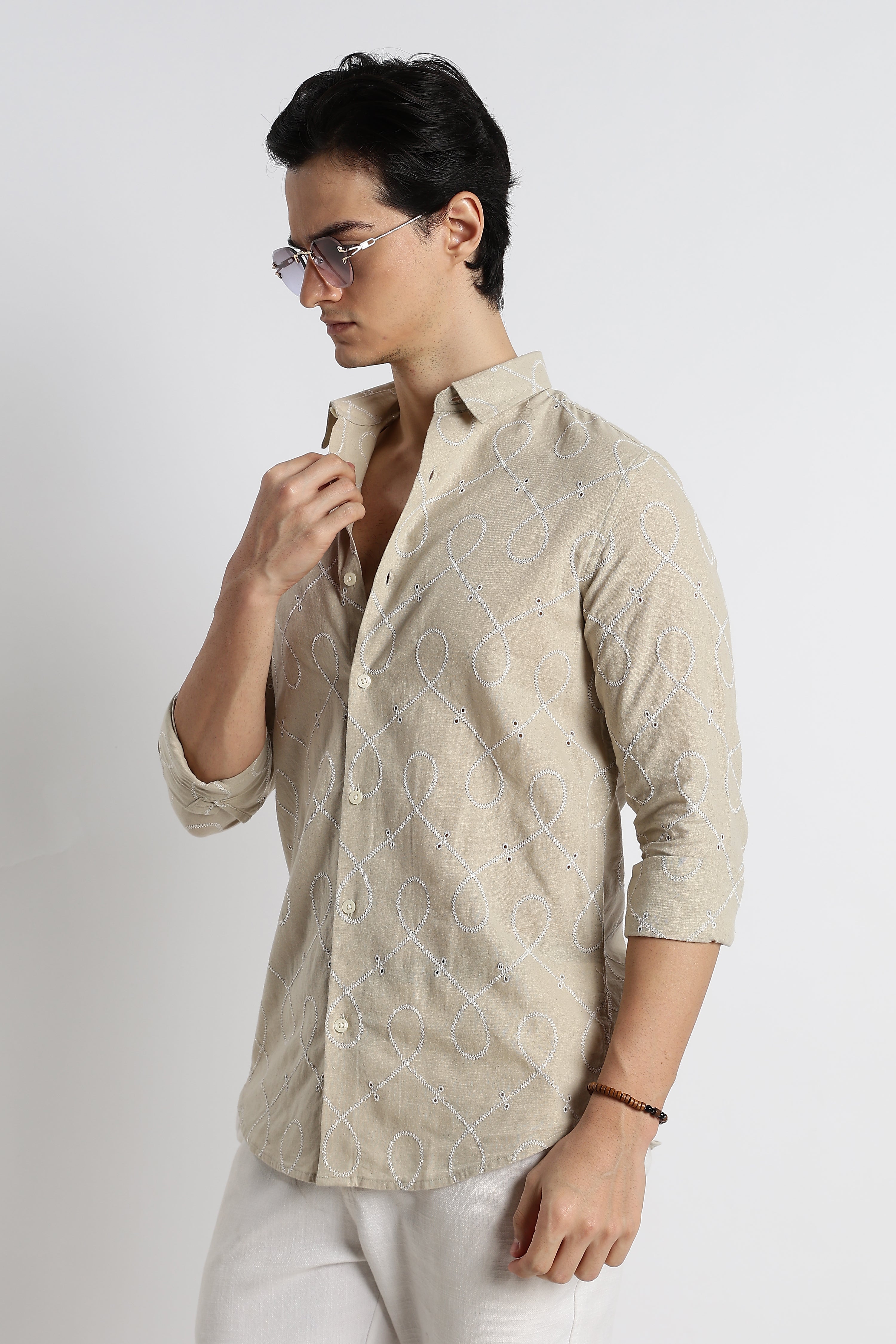 Men Embroidered Cotton-Linen Shirt
