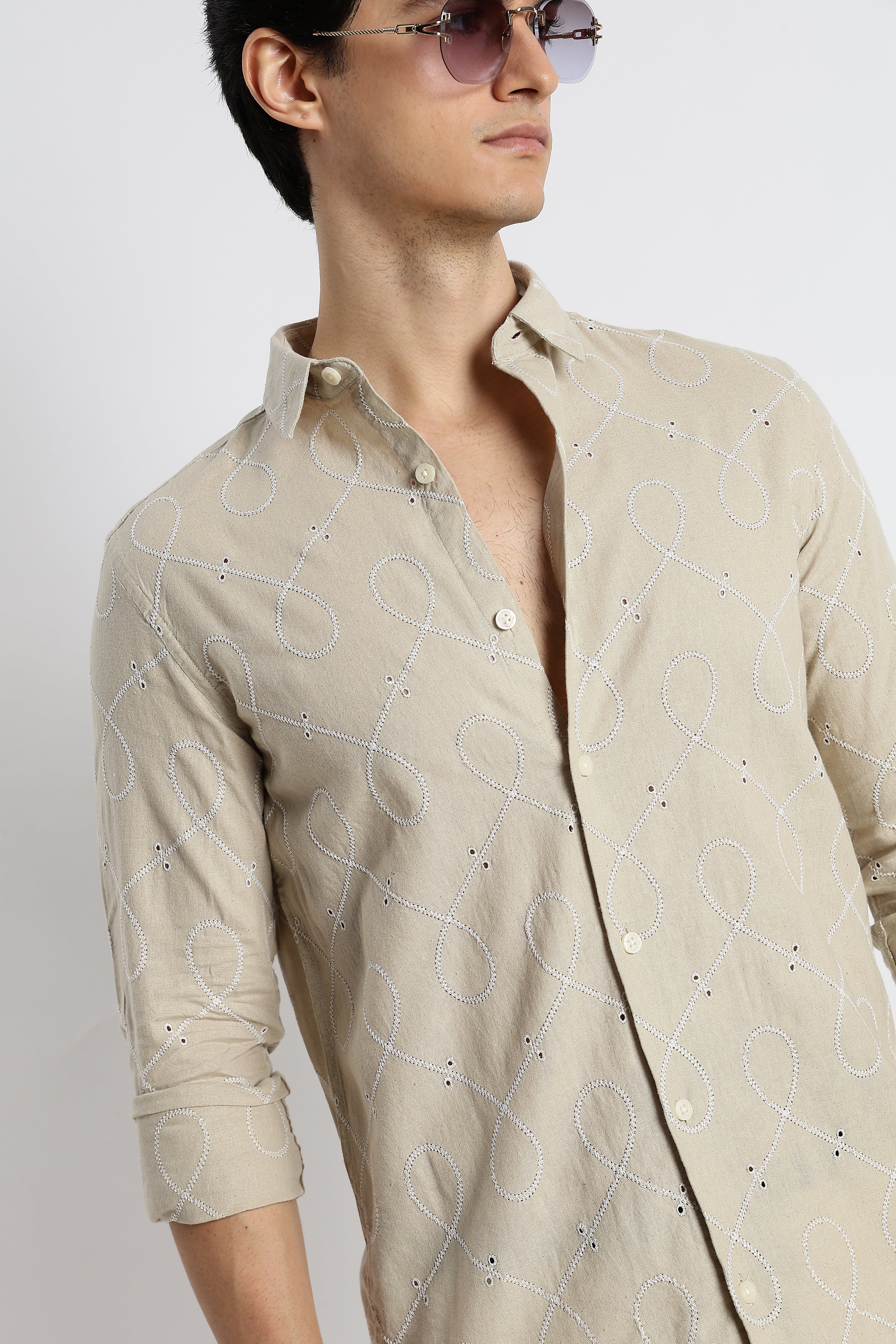 Men Embroidered Cotton-Linen Shirt