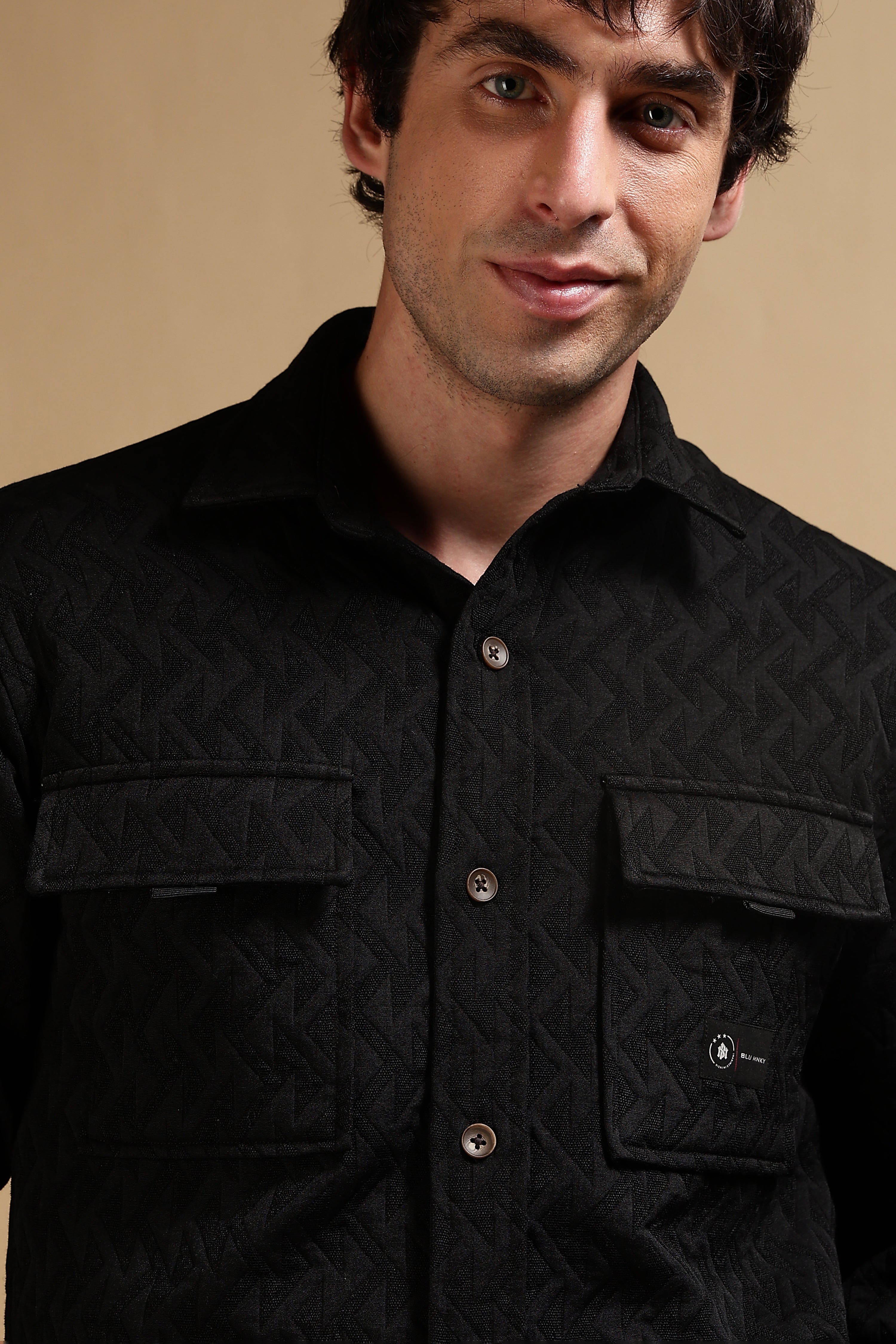 Men Black Poly Cotton Shacket