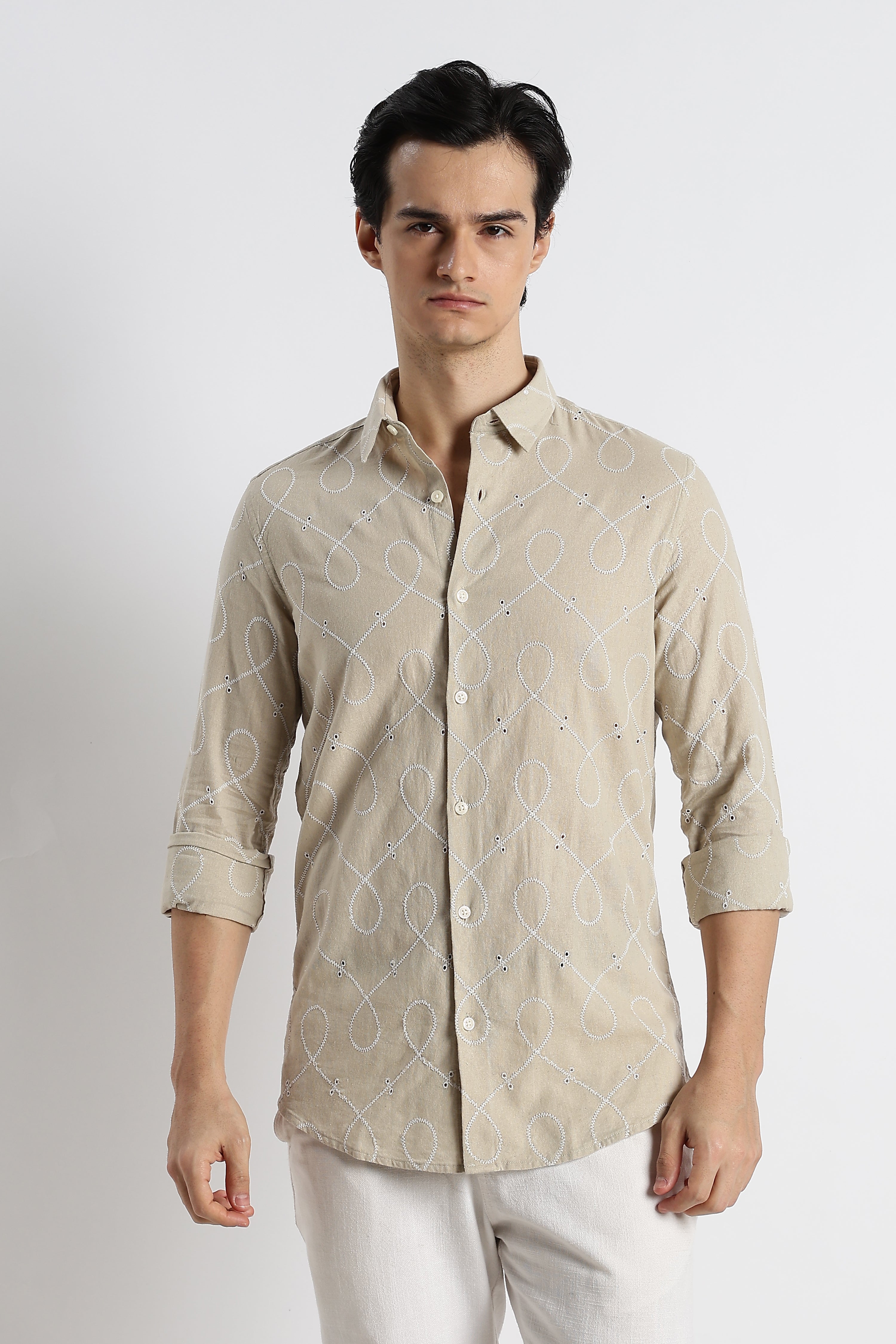 Men Embroidered Cotton-Linen Shirt