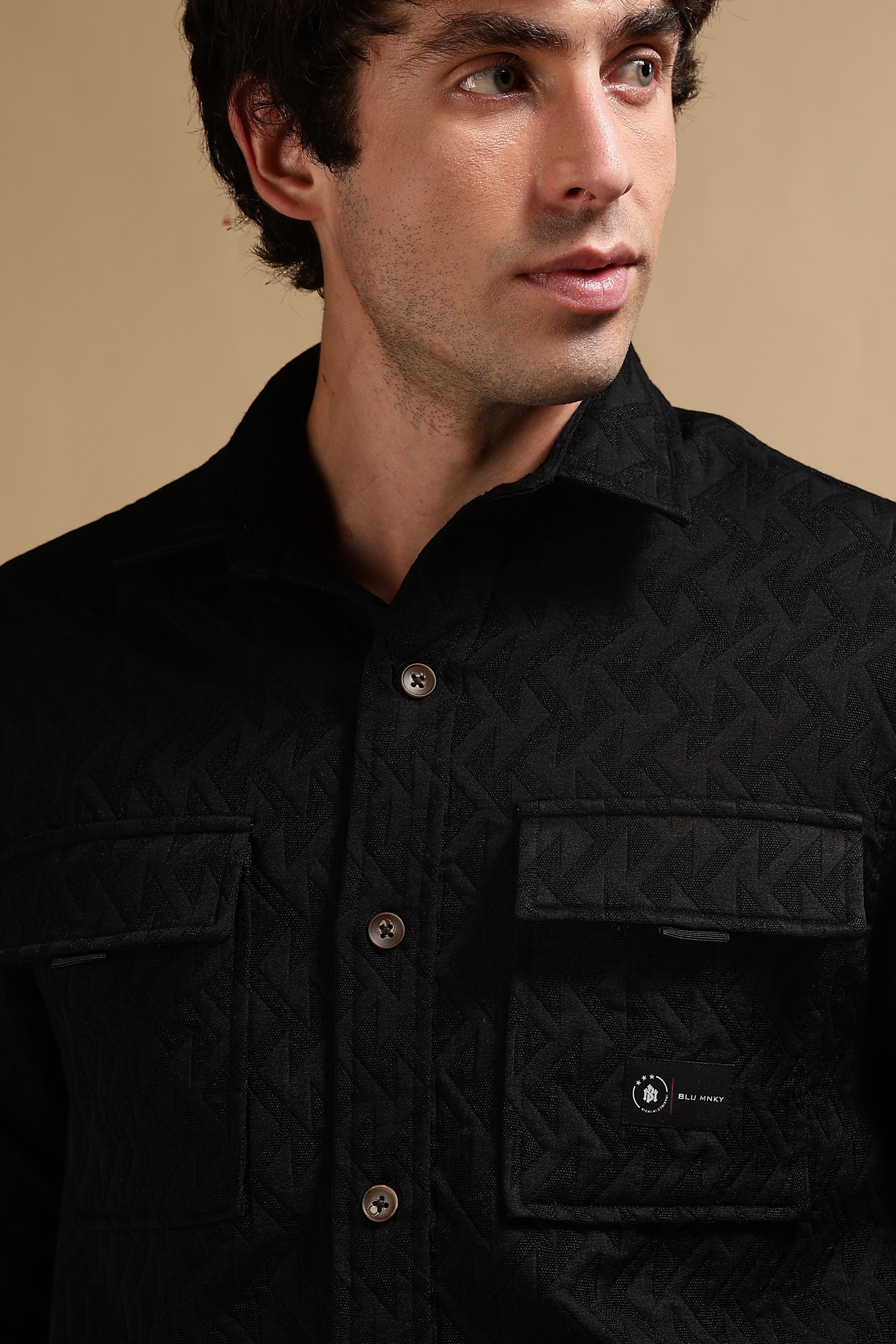 Men Black Poly Cotton Shacket