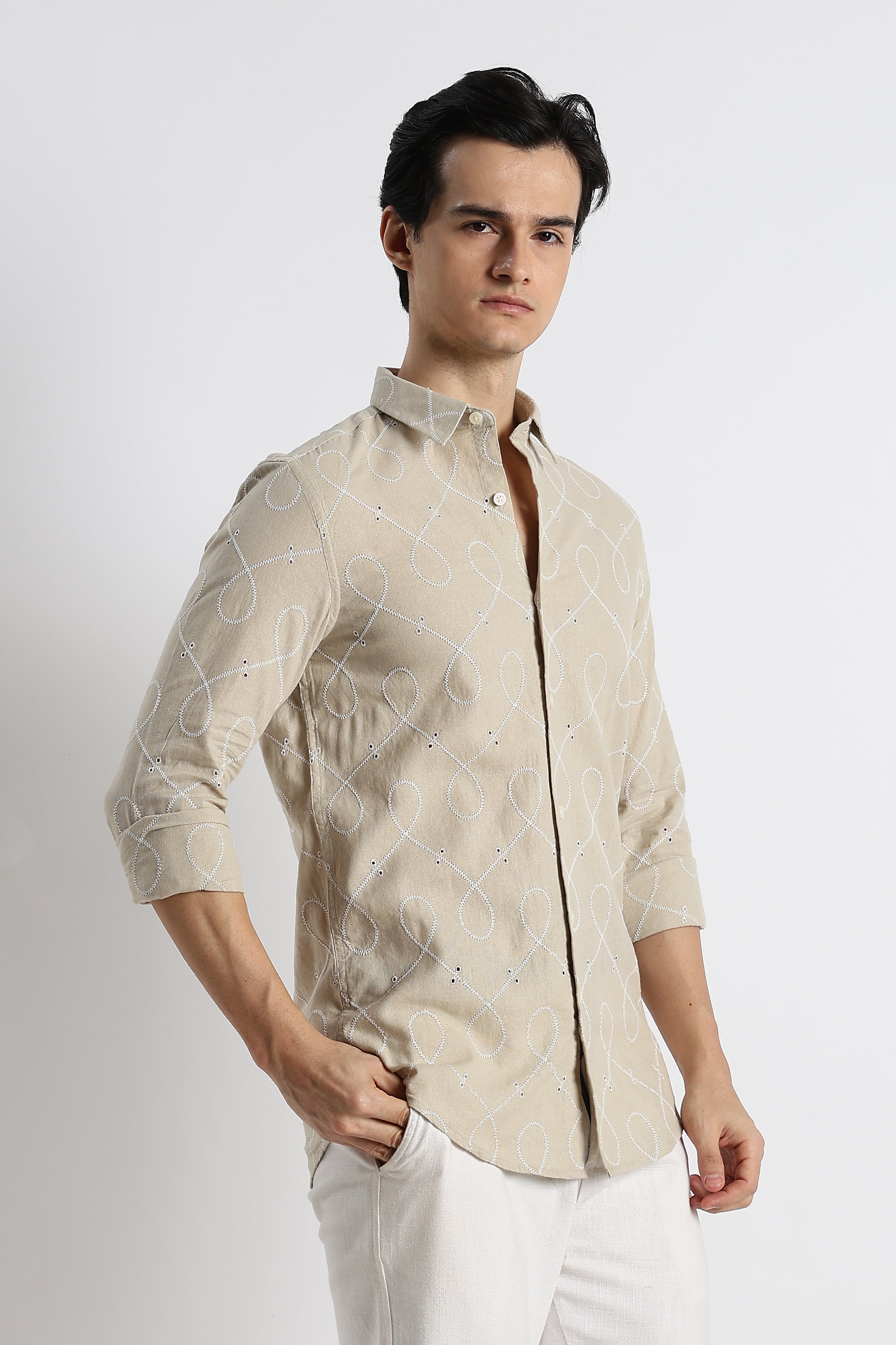 Men Embroidered Cotton-Linen Shirt