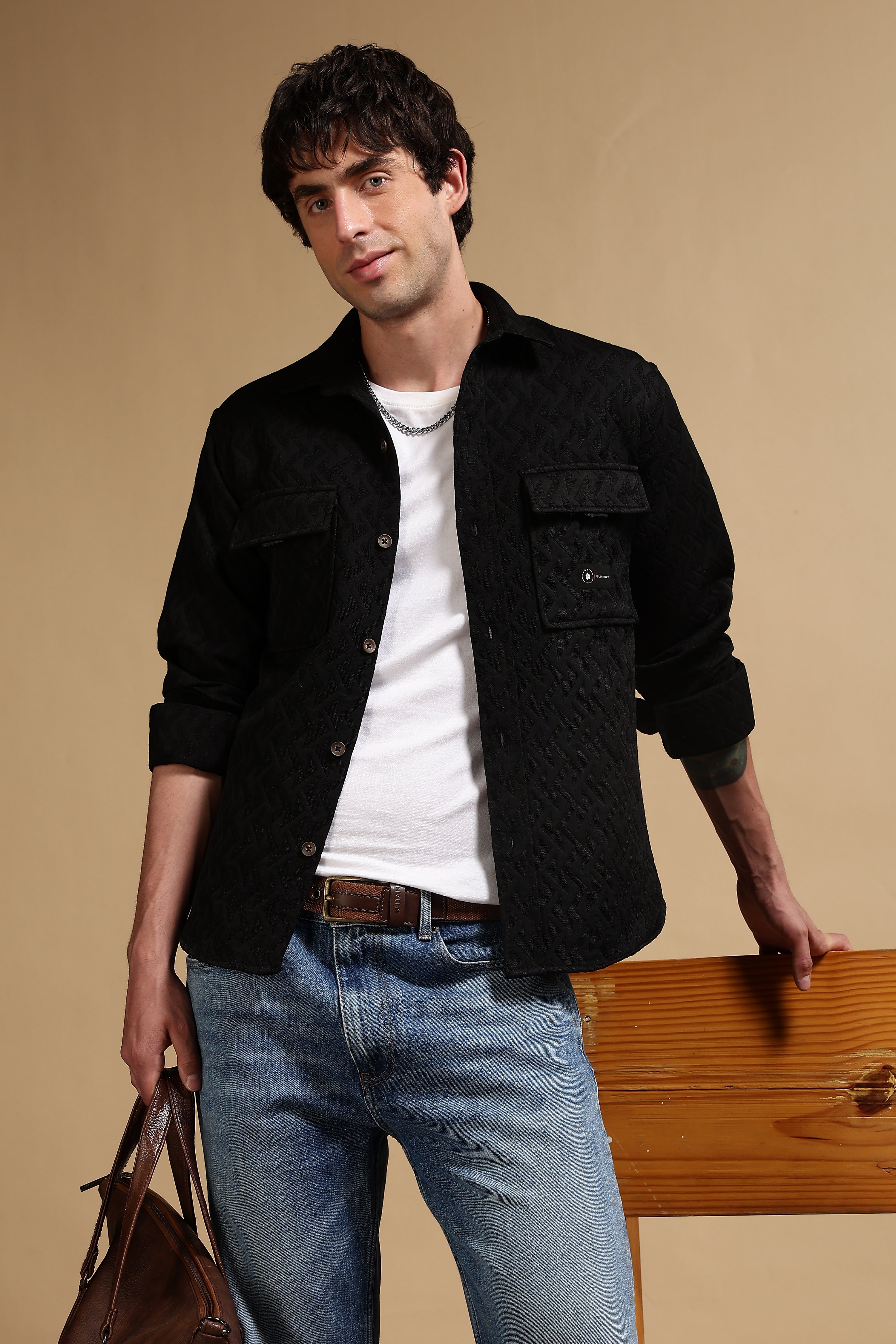 Men Black Poly Cotton Shacket