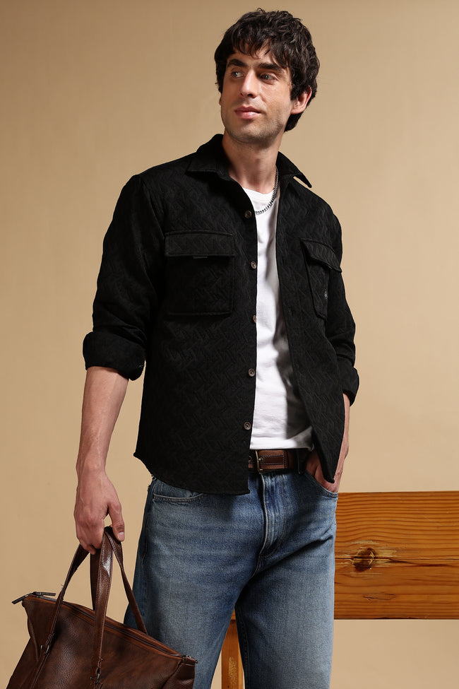 Men Black Poly Cotton Shacket