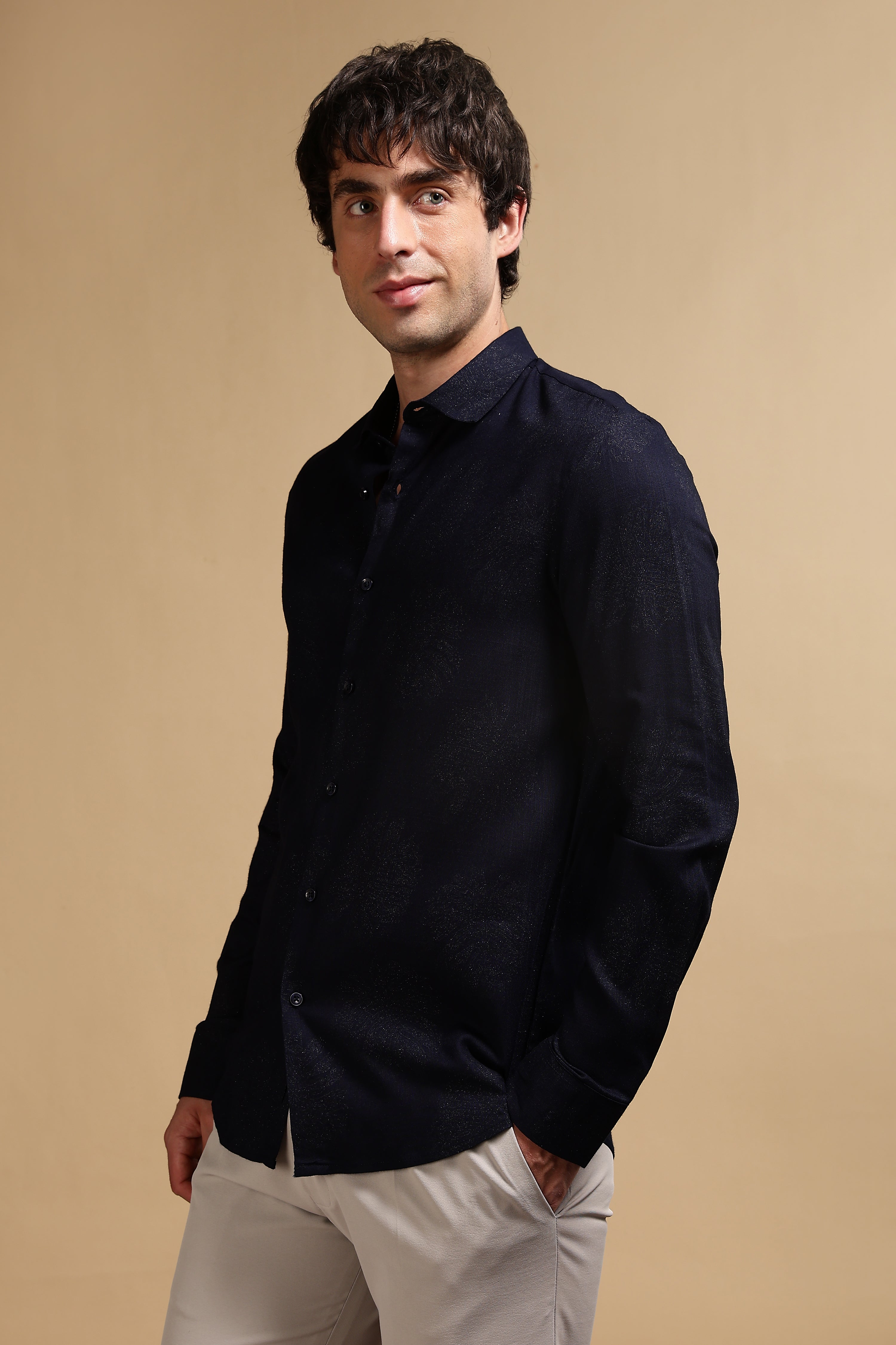 Men Navy Blue Glitter print festive wear