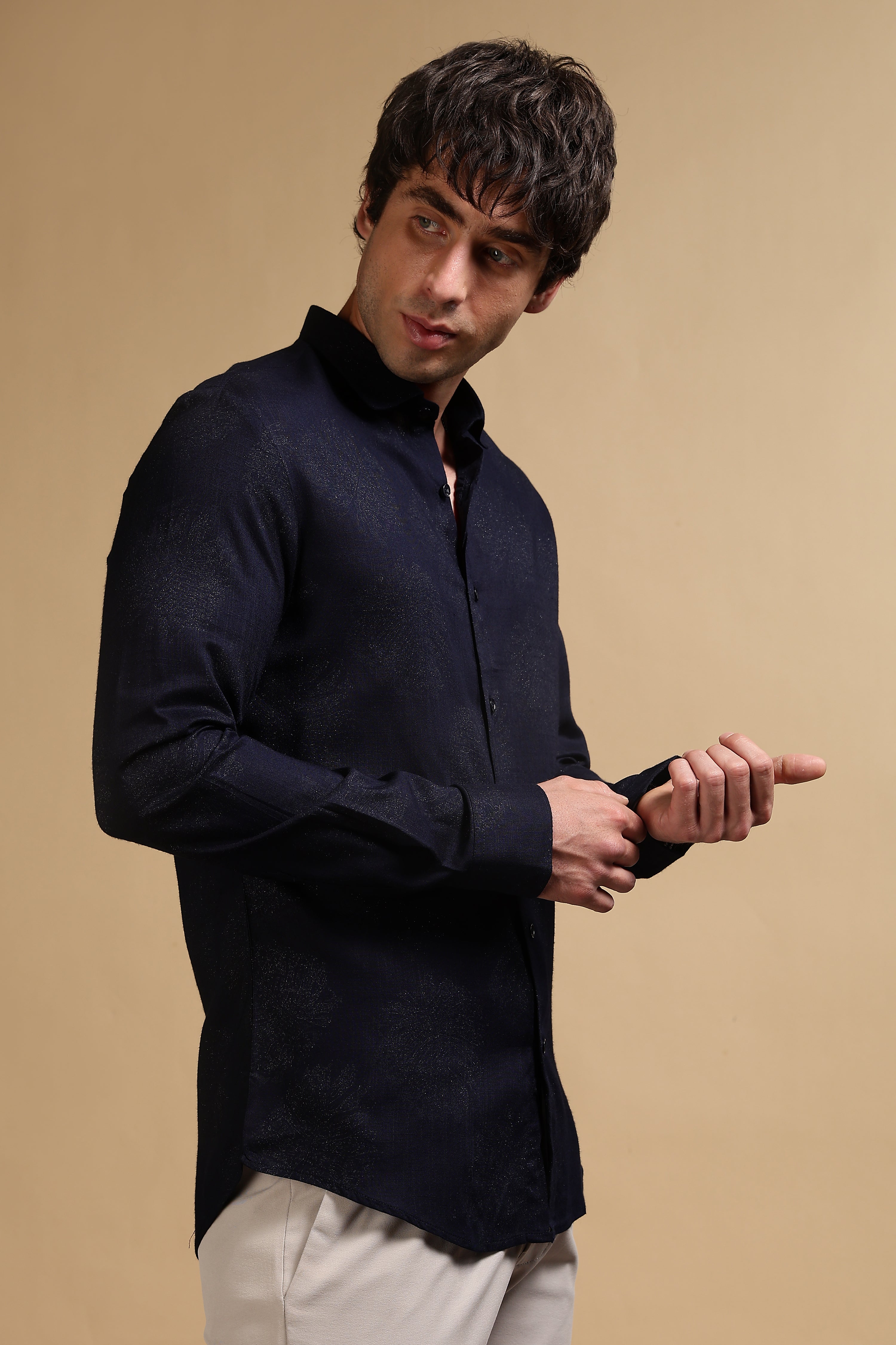 Men Navy Blue Glitter print festive wear