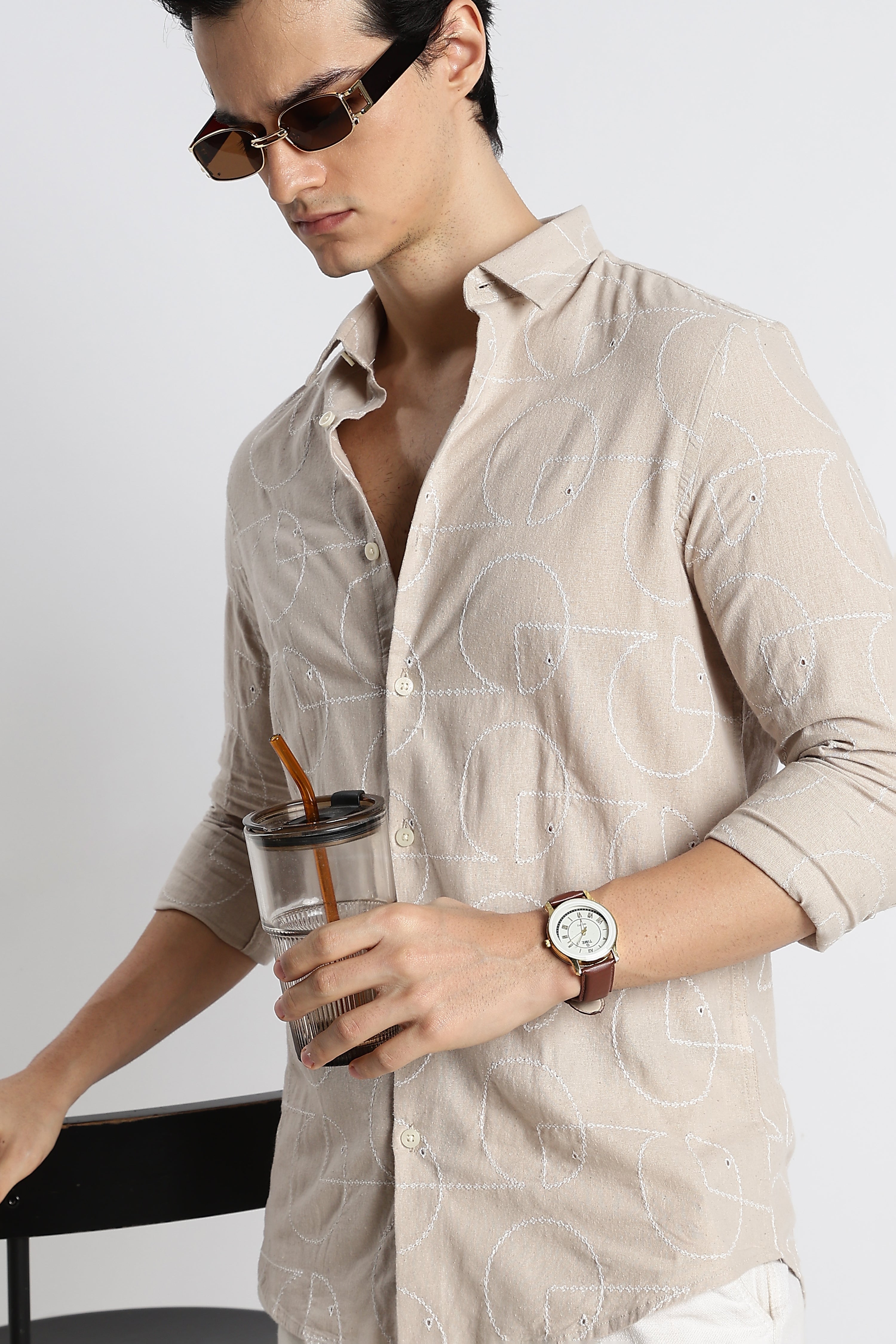 Men Abstract Geometry Cotton Shirt