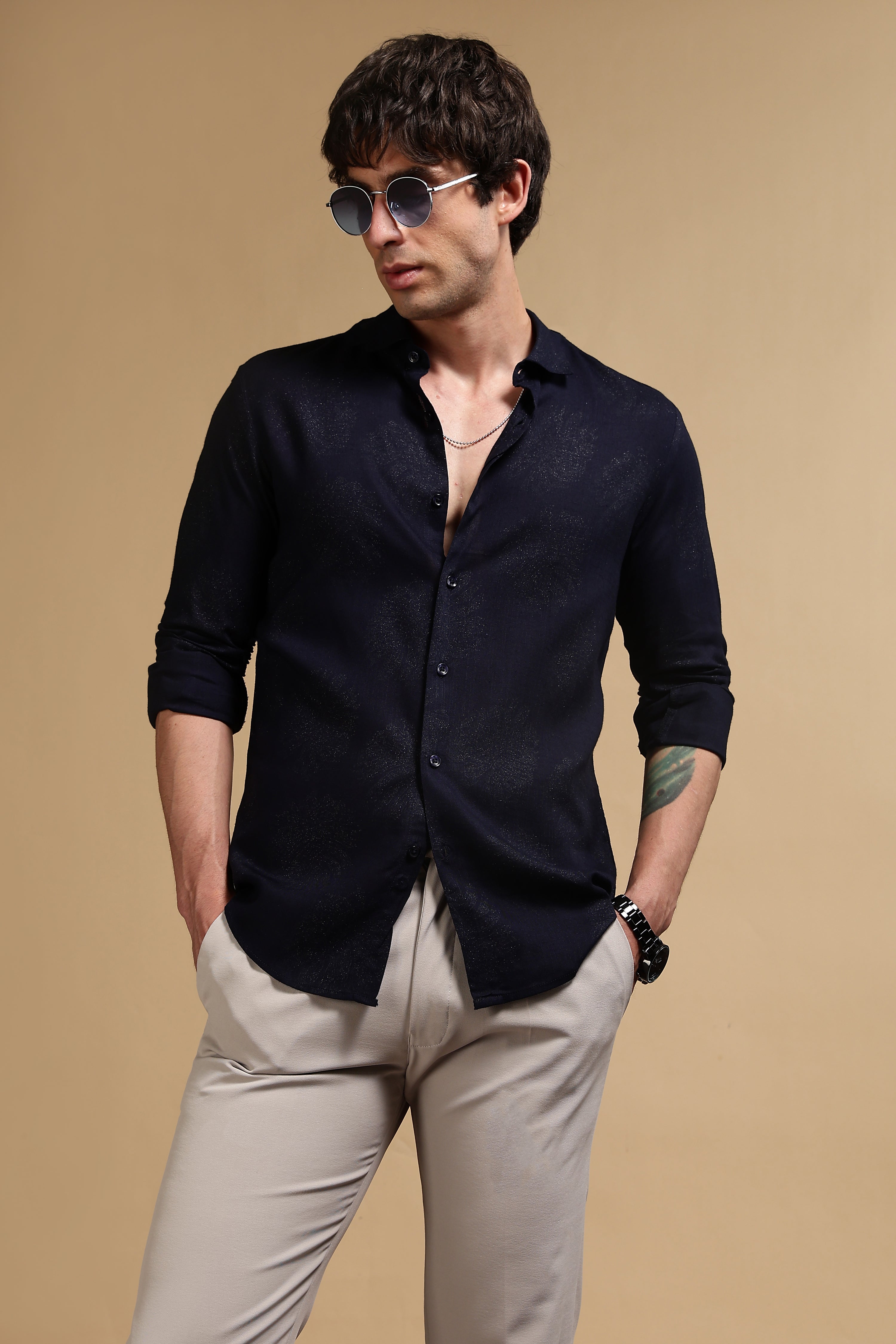 Men Navy Blue Glitter print festive wear