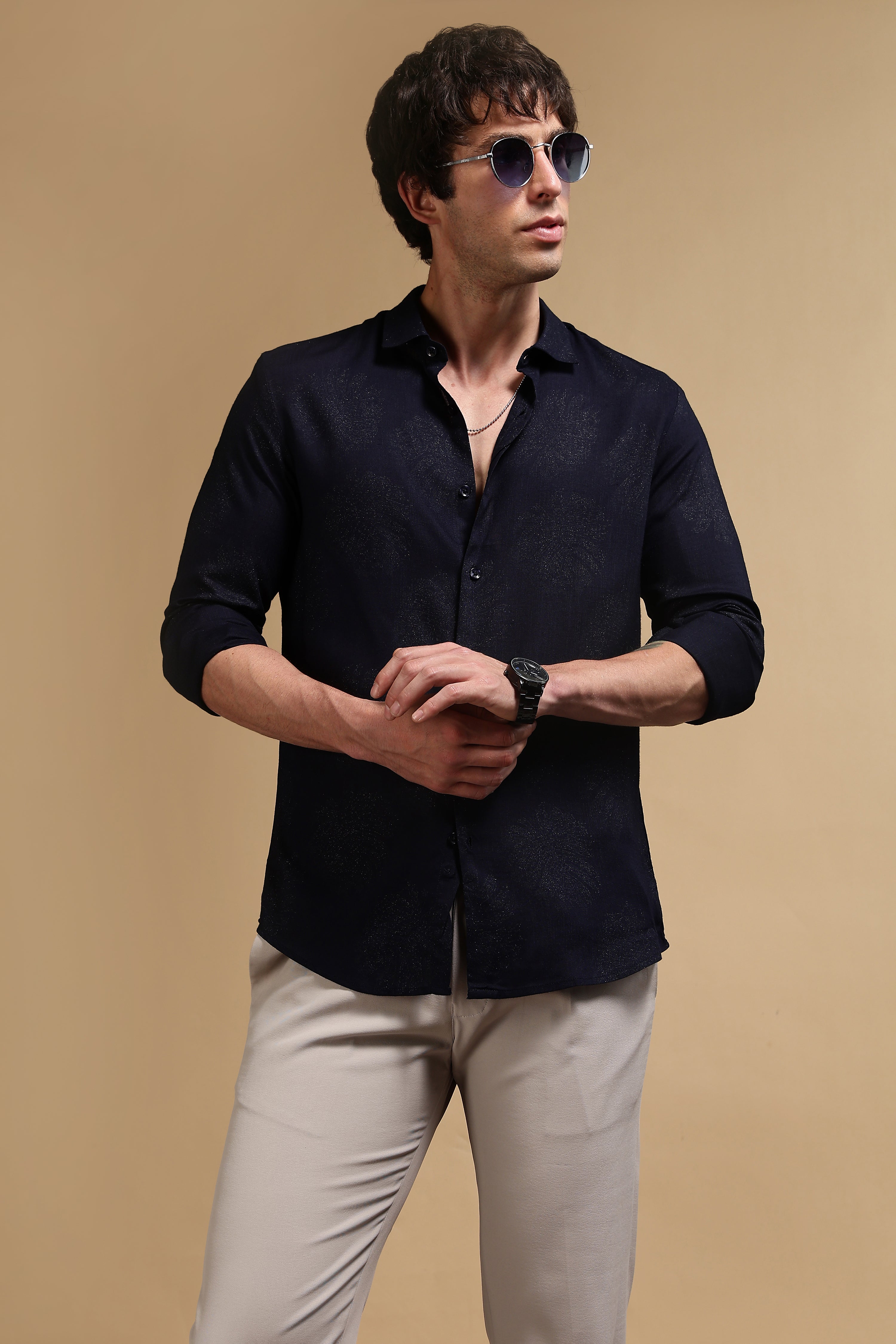Men Navy Blue Glitter print festive wear
