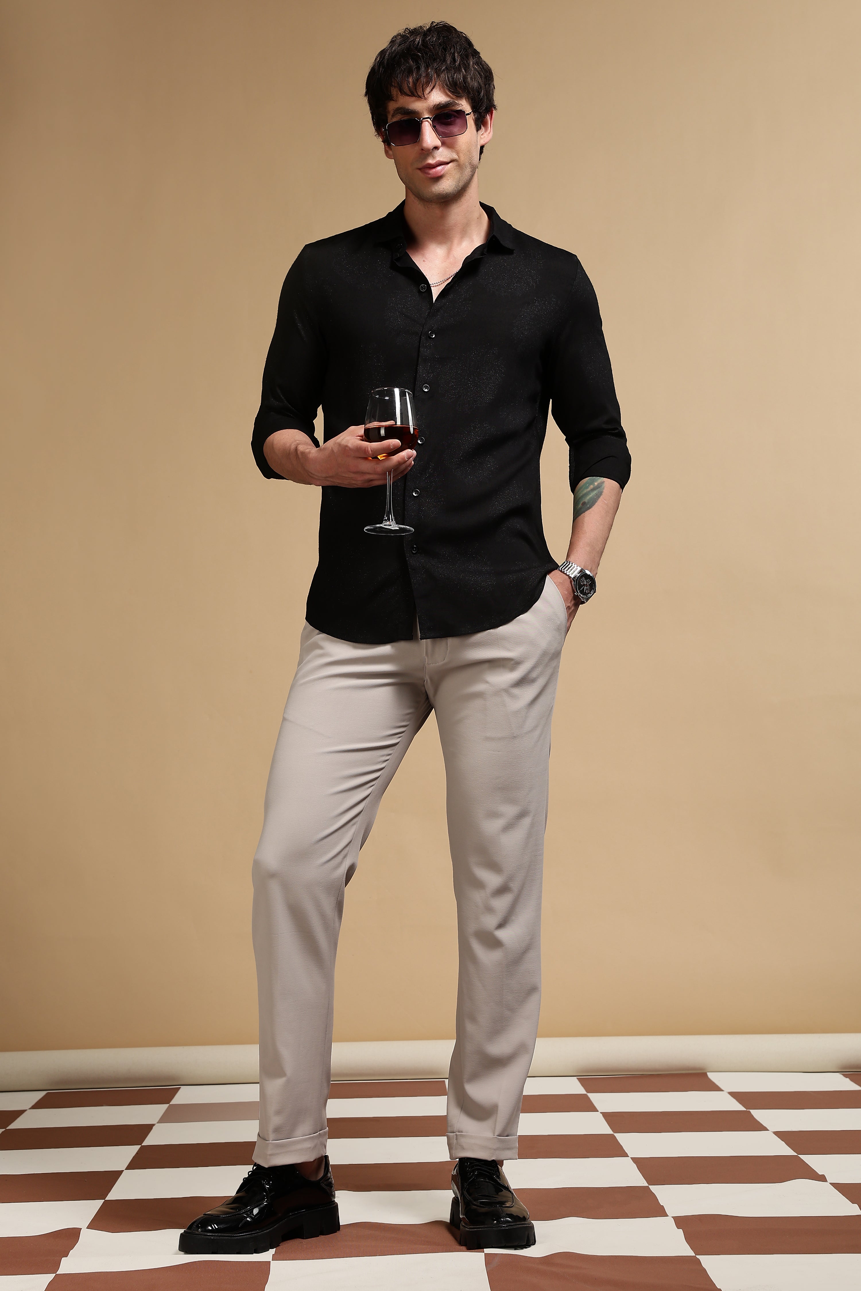 Men Black Glitter print festive wear