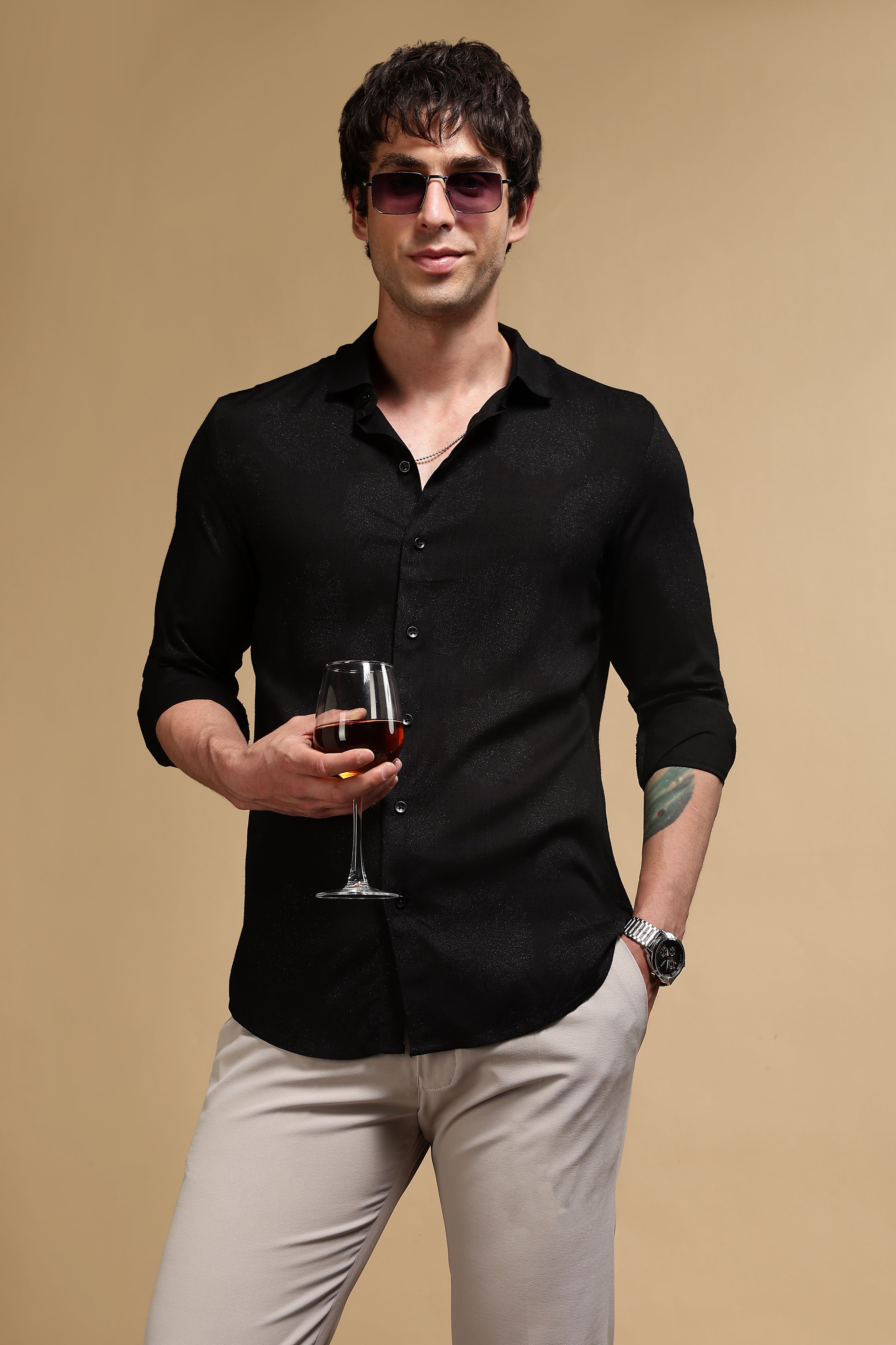 Men Black Glitter print festive wear