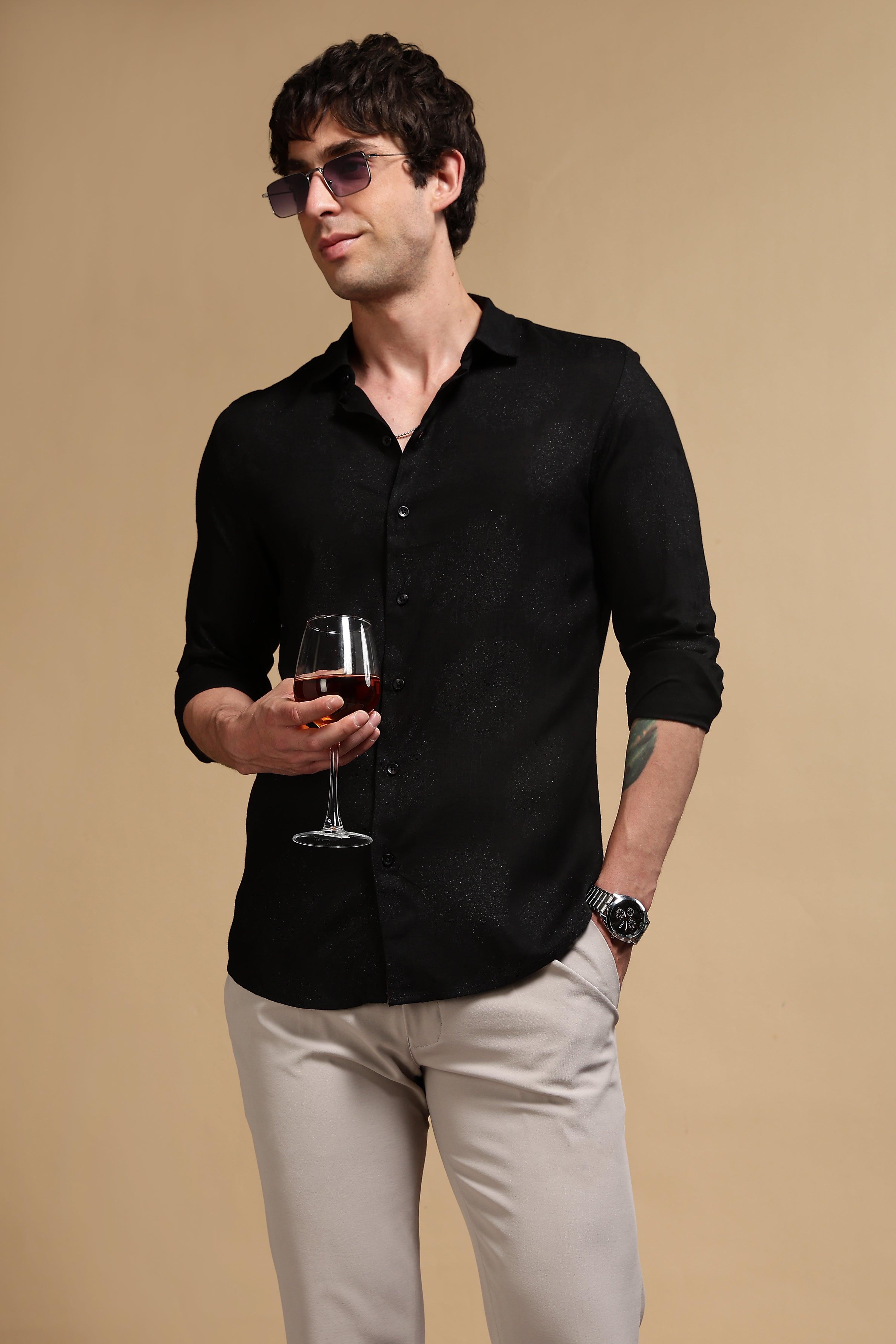 Men Black Glitter print festive wear