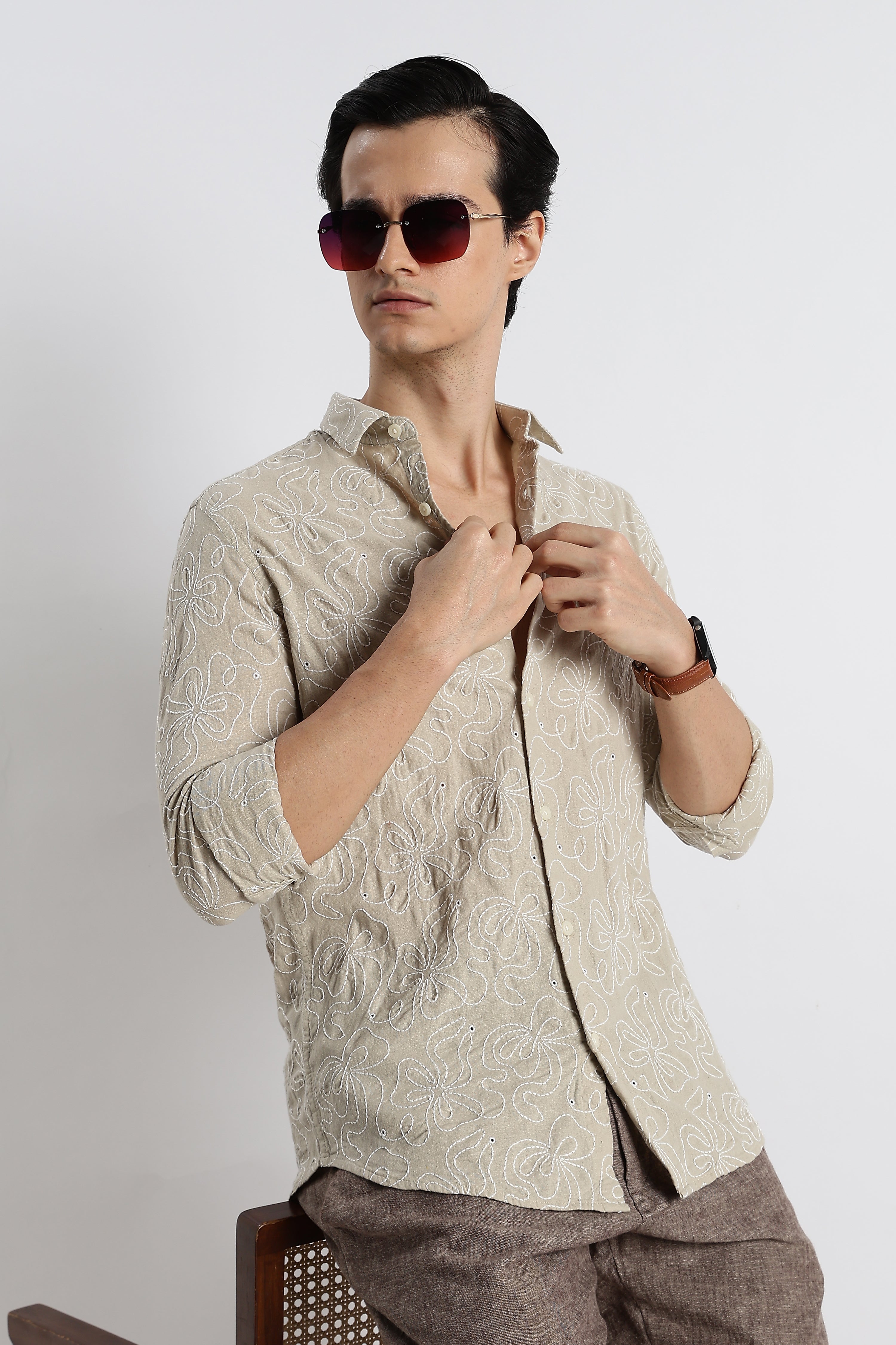 Men Artisanal Embroidered Cotton Shirt