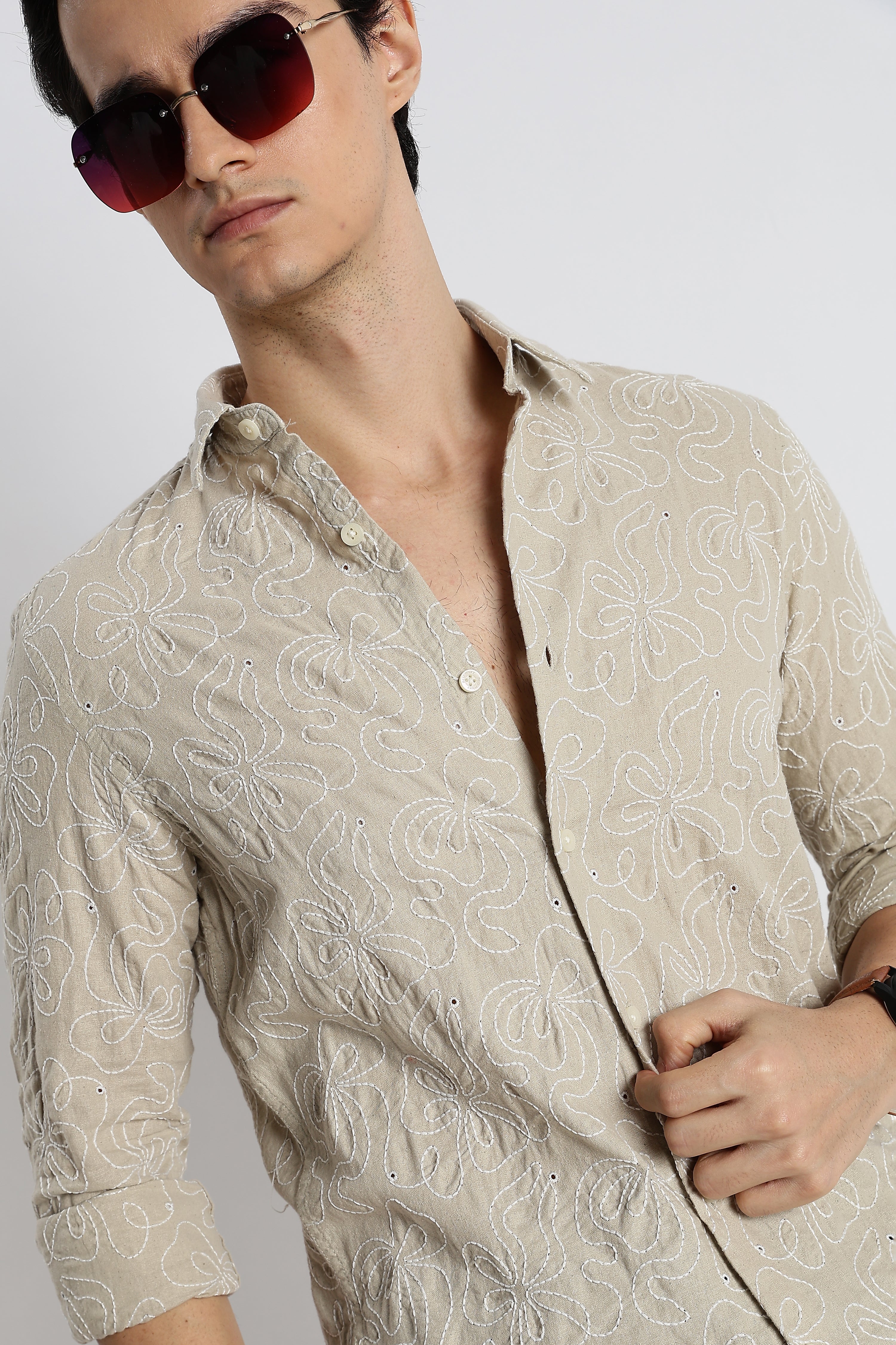 Men Artisanal Embroidered Cotton Shirt