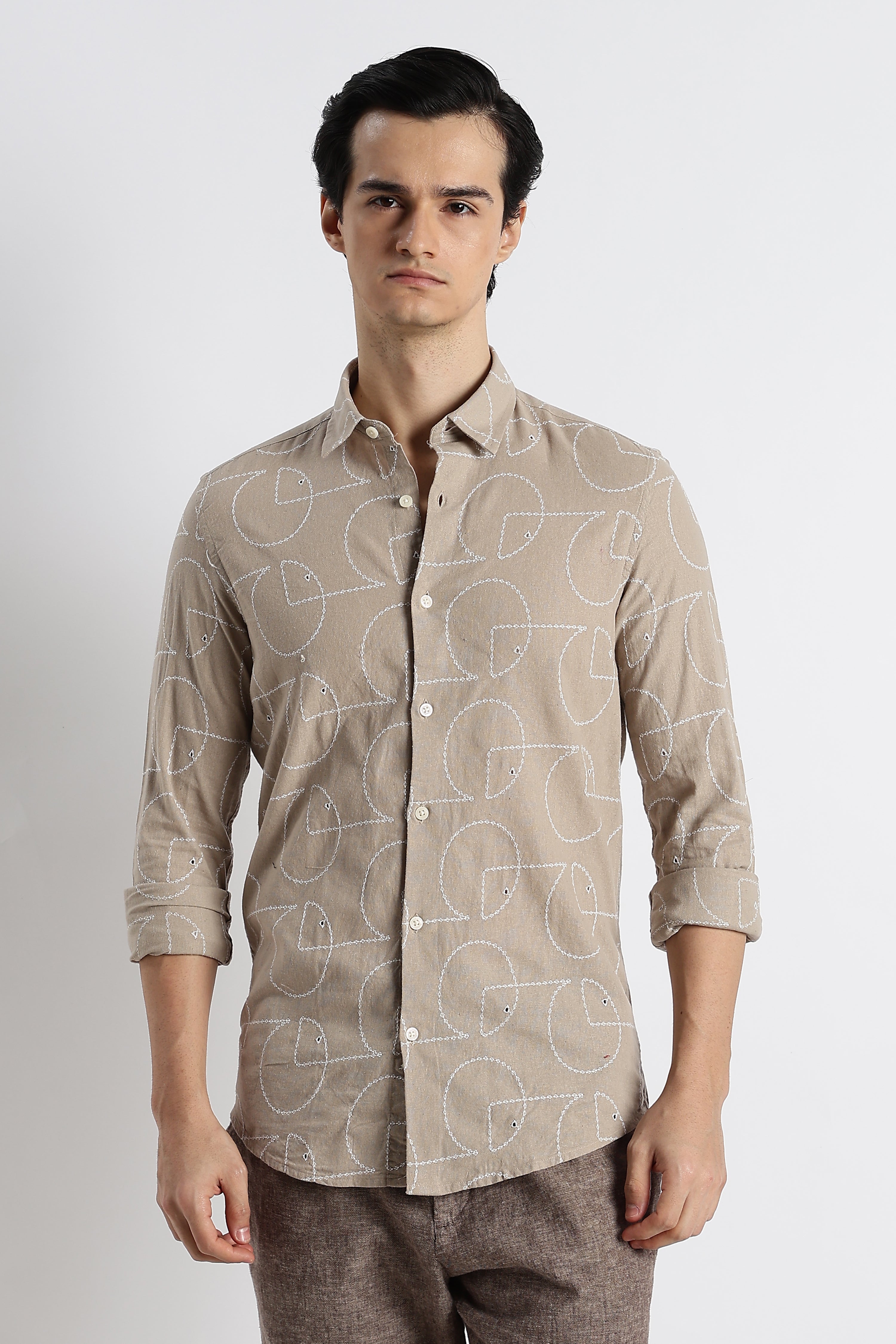 Men Abstract Geometry Cotton Shirt