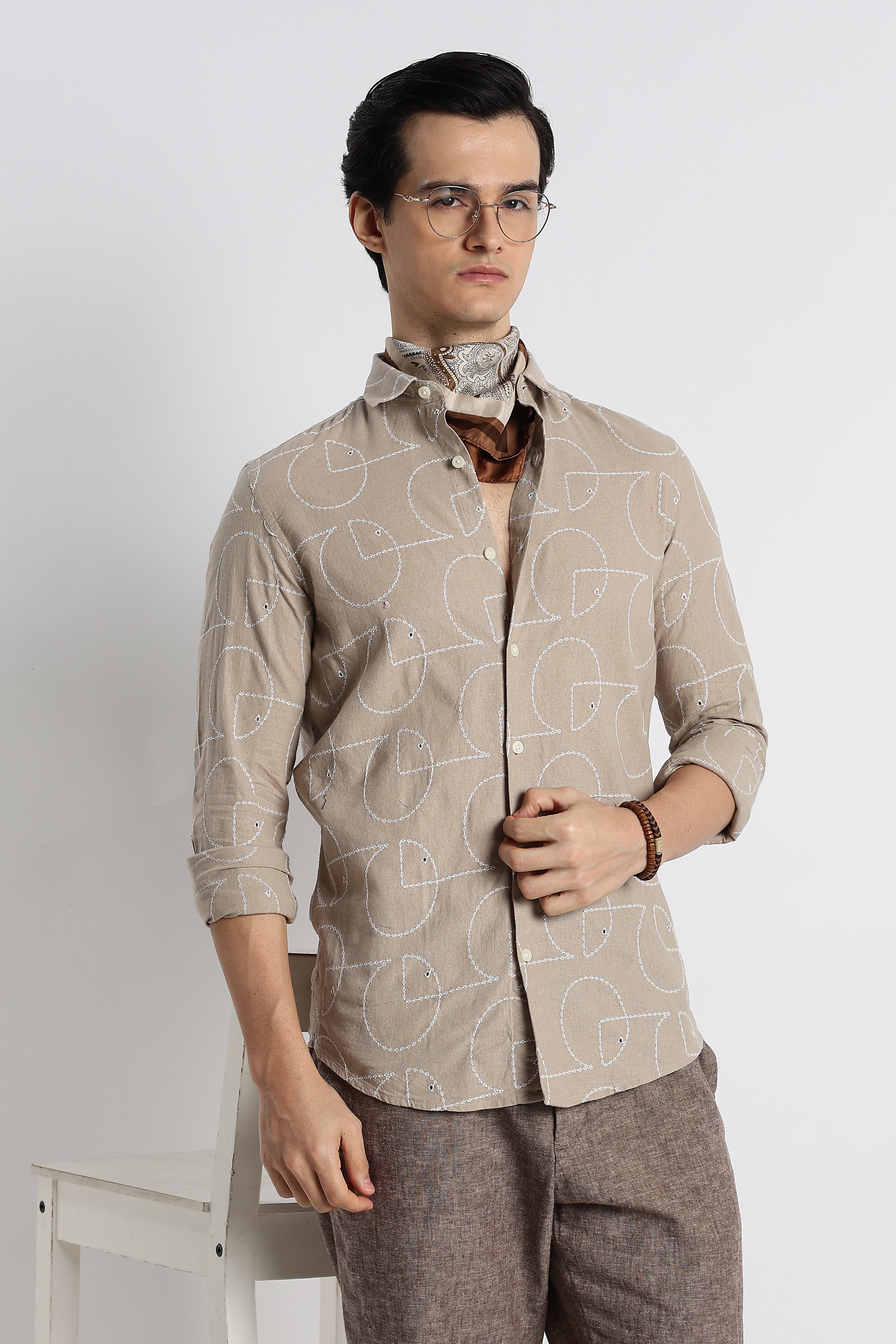 Men Abstract Geometry Cotton Shirt