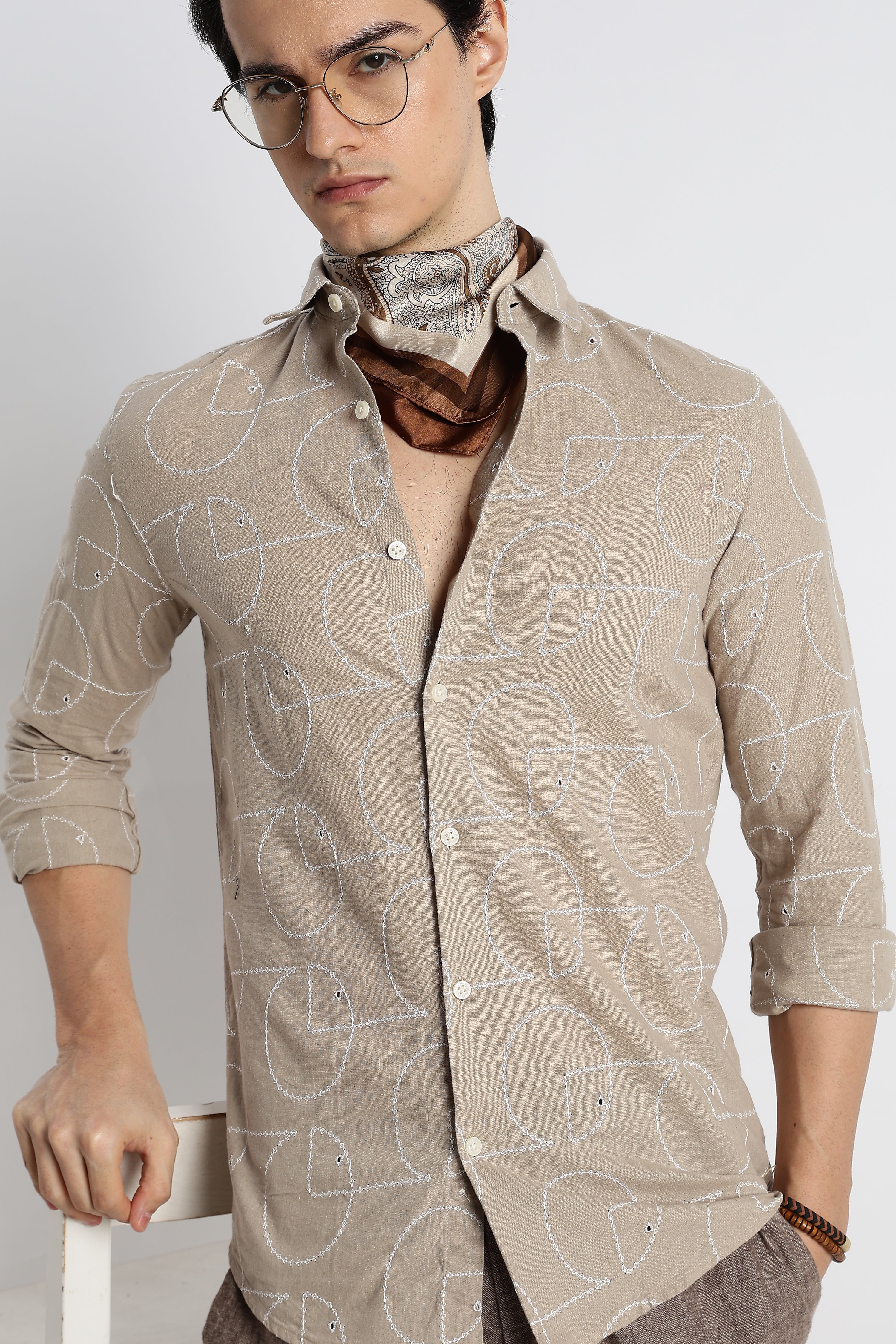 Men Abstract Geometry Cotton Shirt