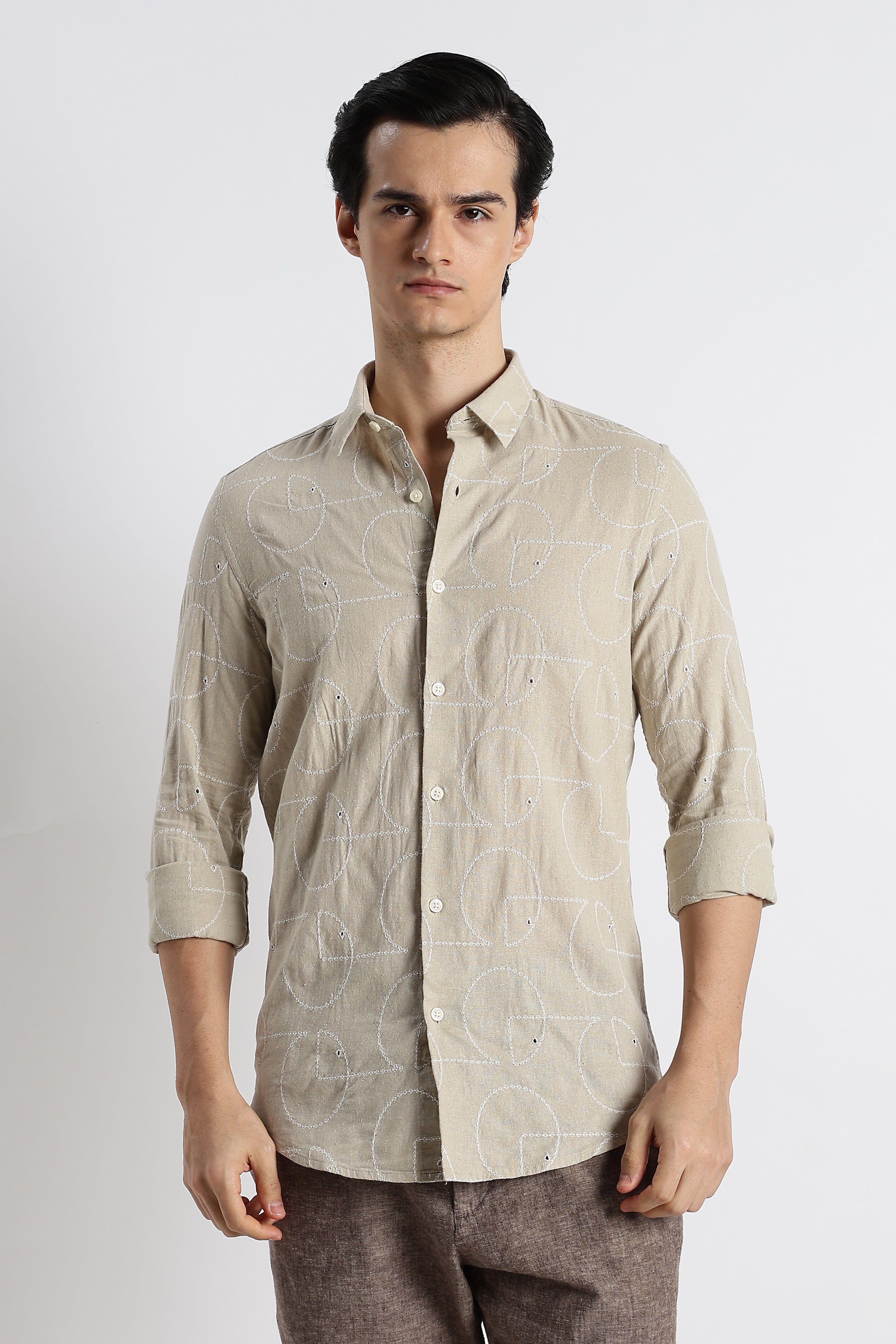 Men Abstract Geometry Cotton Shirt