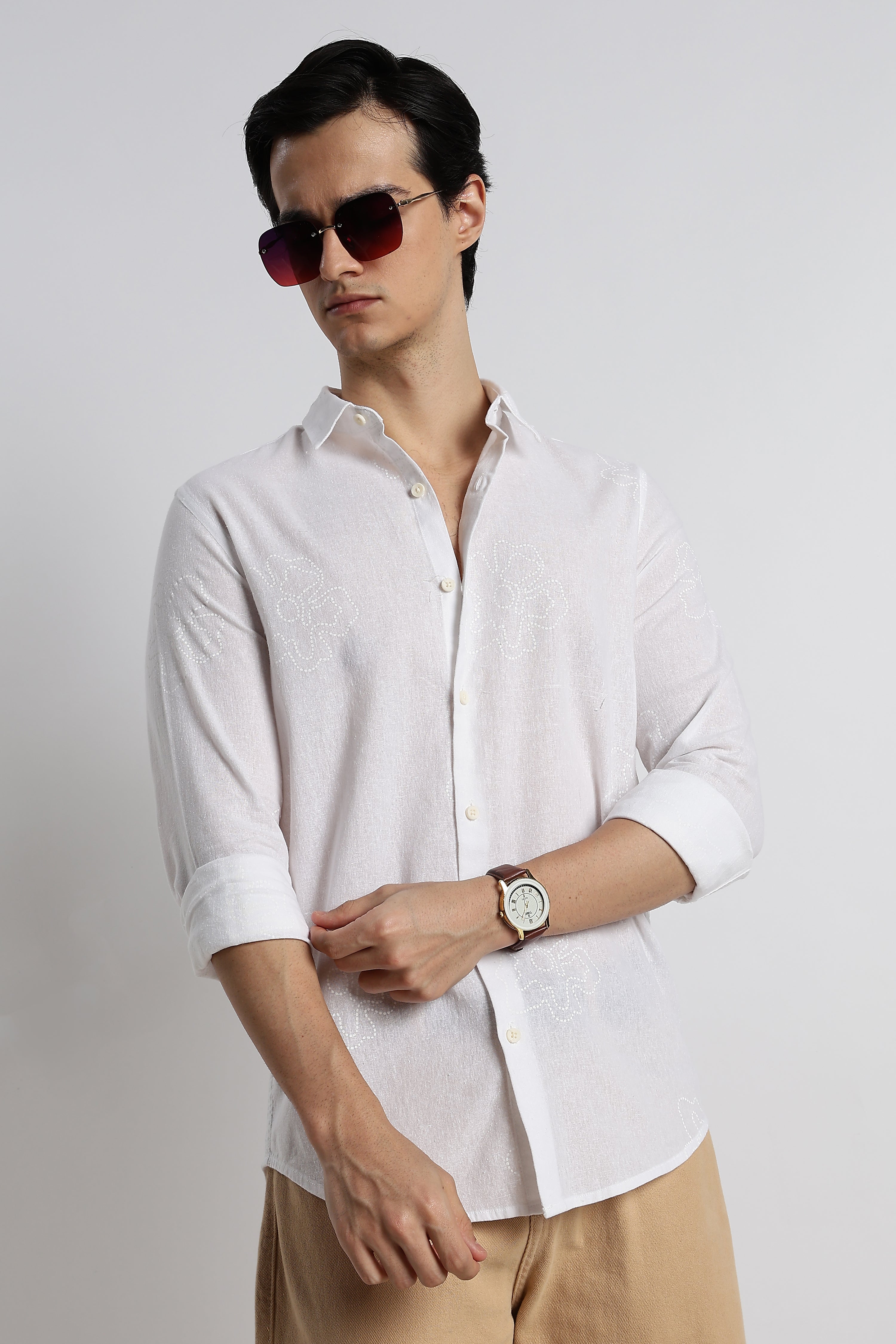 Men Floral Dot-Print Cotton Shirt