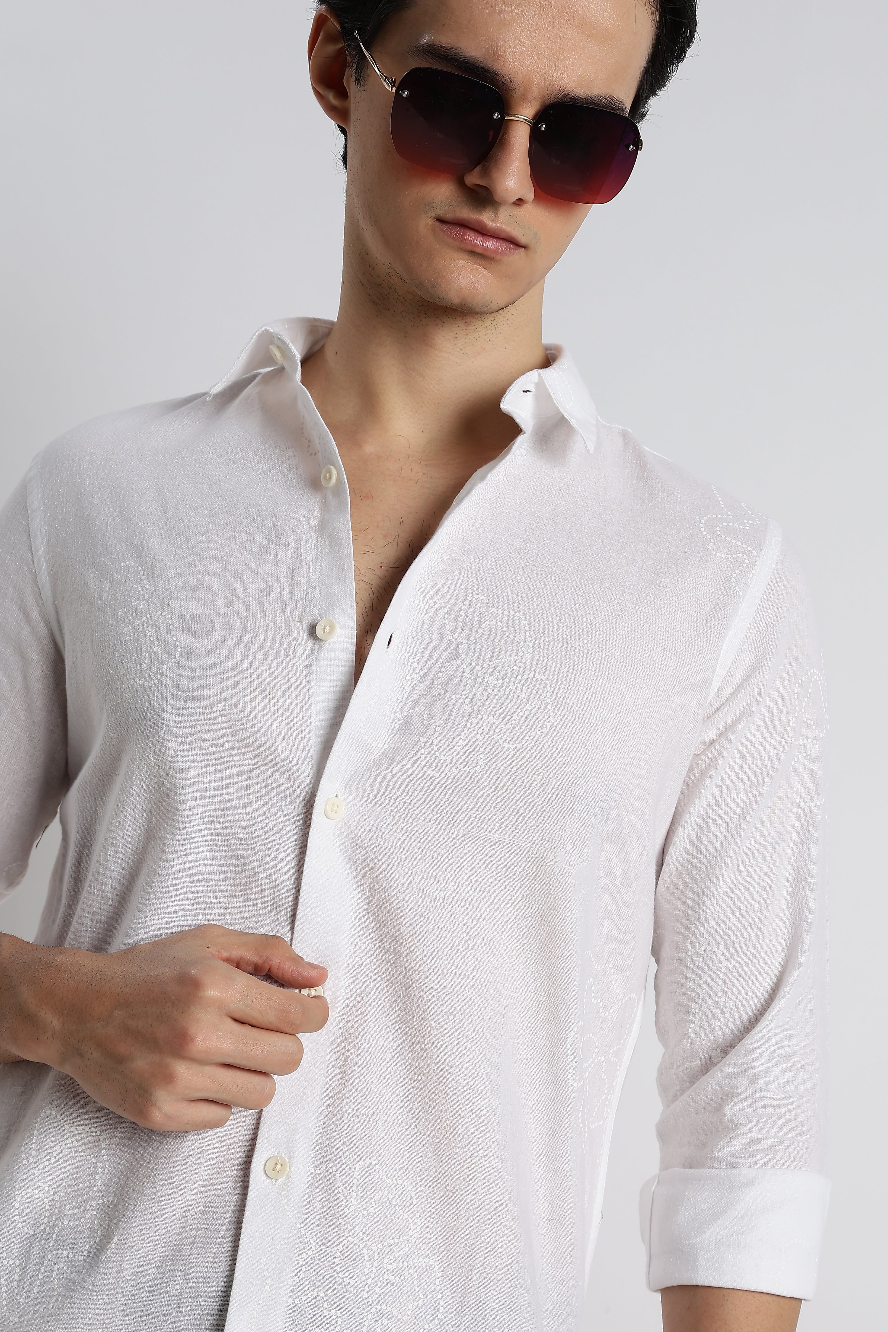 Men Floral Dot-Print Cotton Shirt