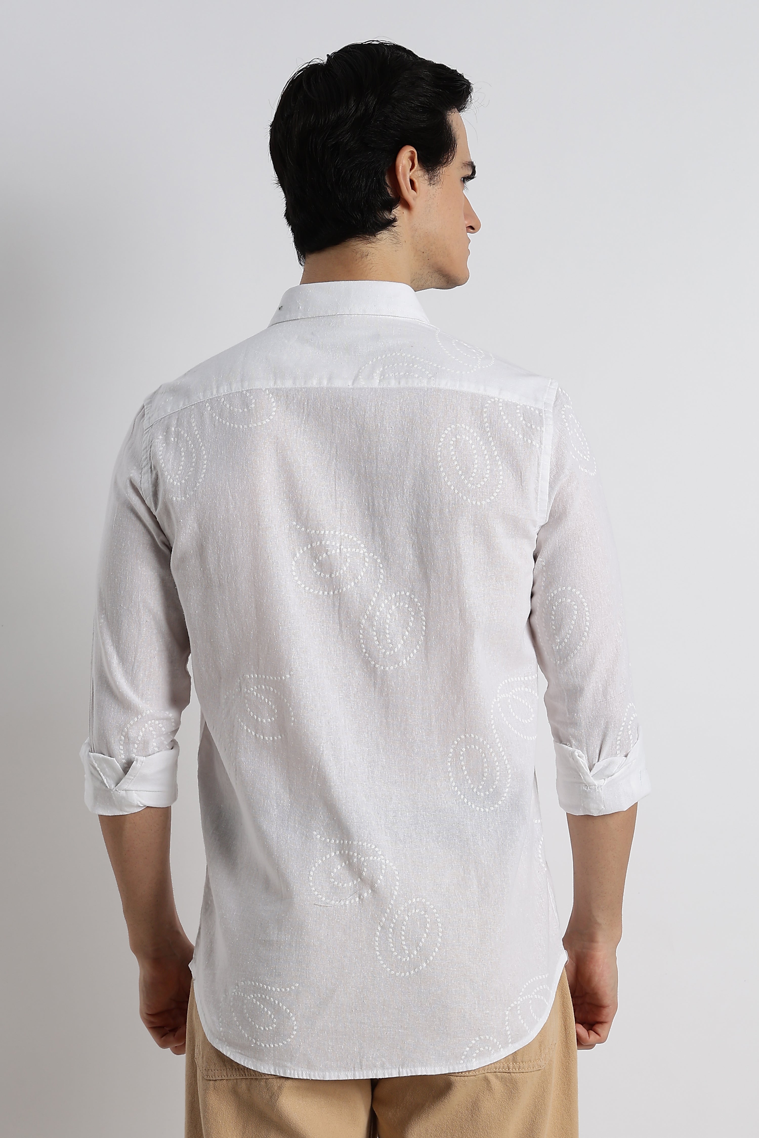 Men Dotted Swirl Printed Cotton Linen Shirt