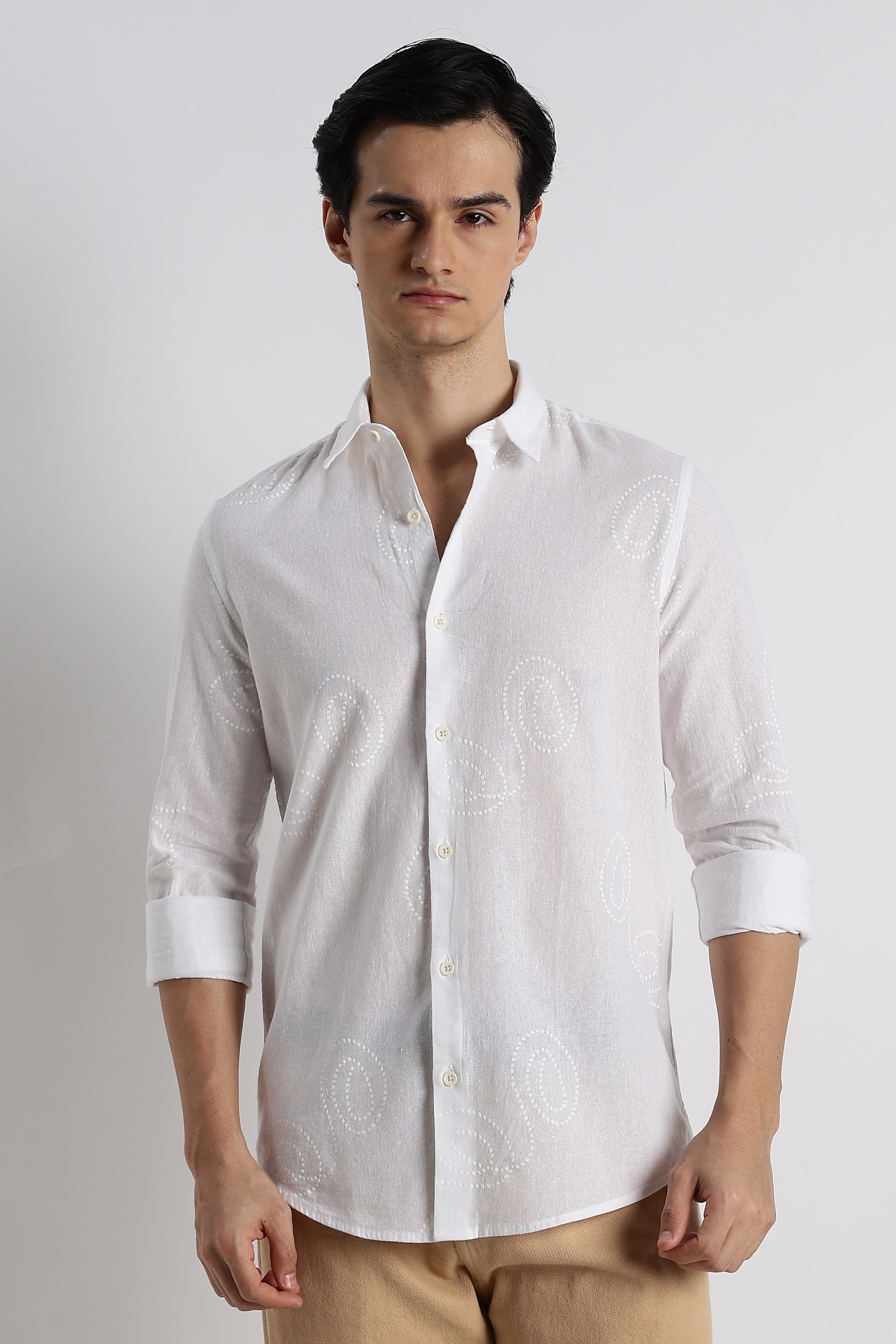 Men Dotted Swirl Printed Cotton Linen Shirt