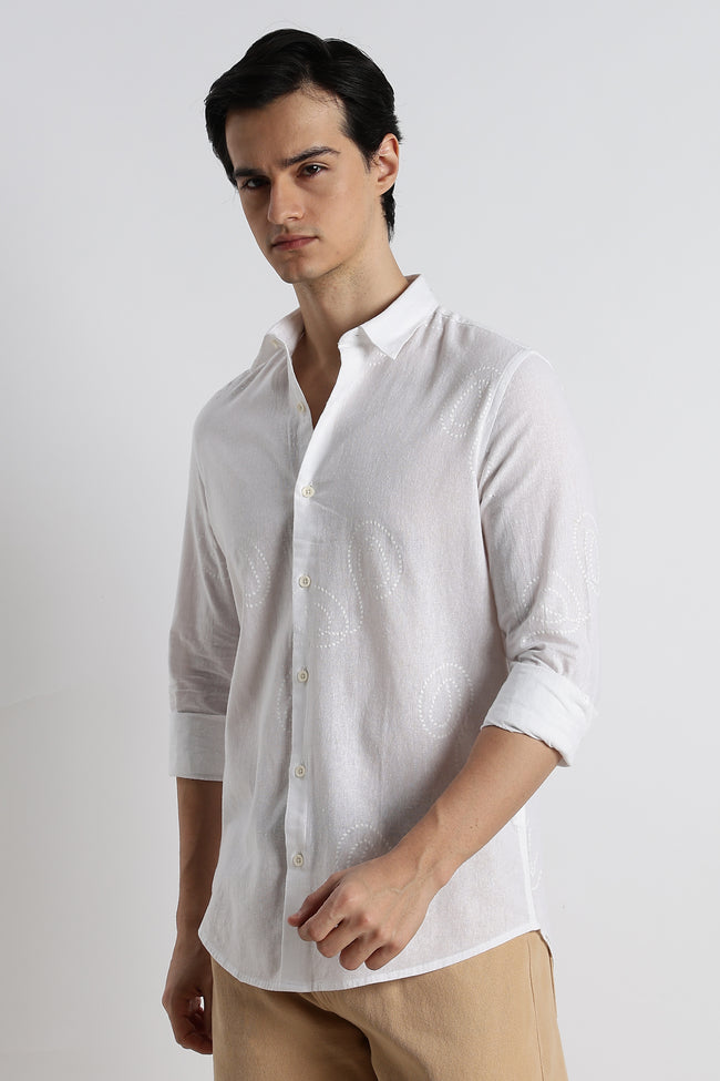 Men Dotted Swirl Printed Cotton Linen Shirt