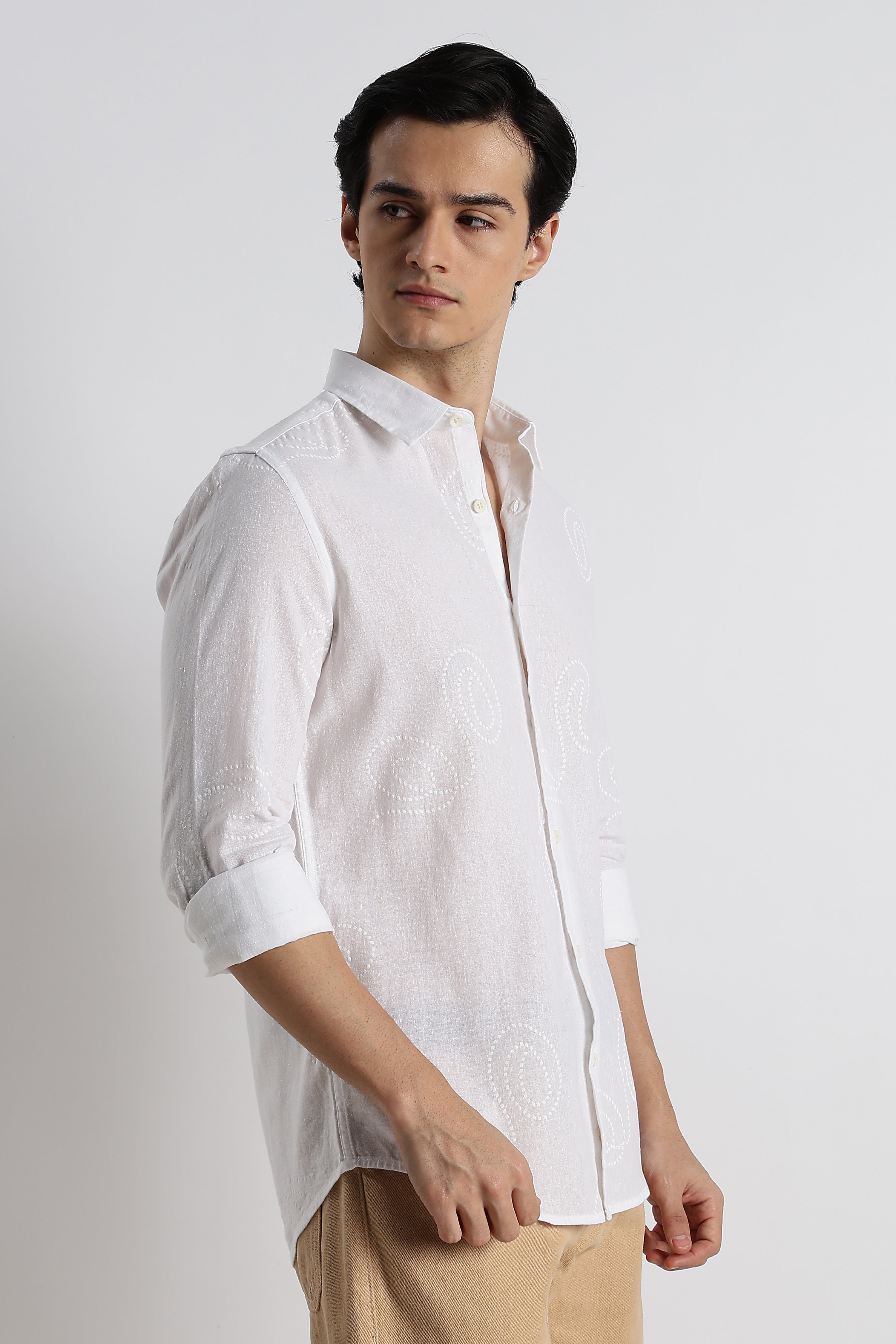 Men Dotted Swirl Printed Cotton Linen Shirt
