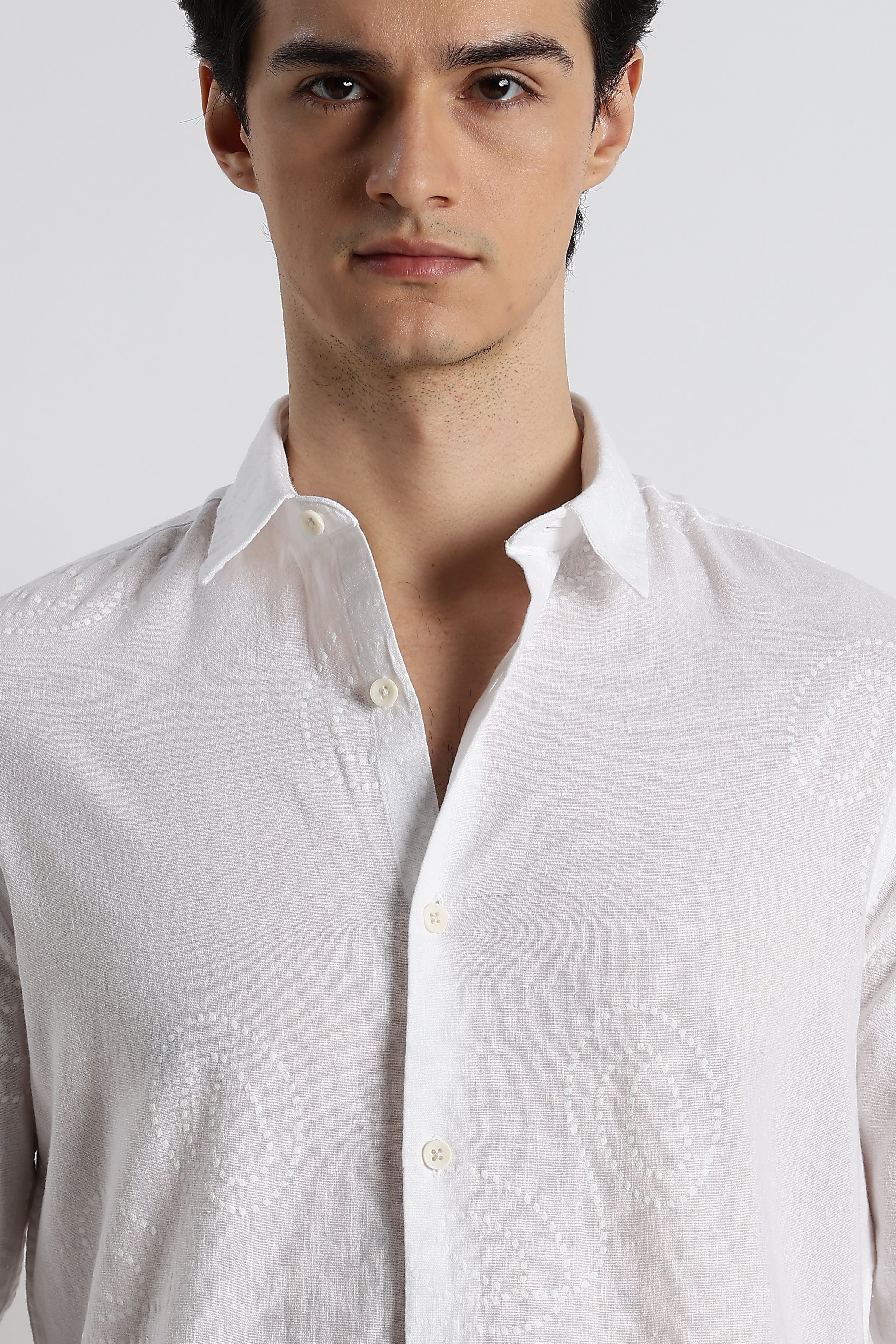 Men Dotted Swirl Printed Cotton Linen Shirt