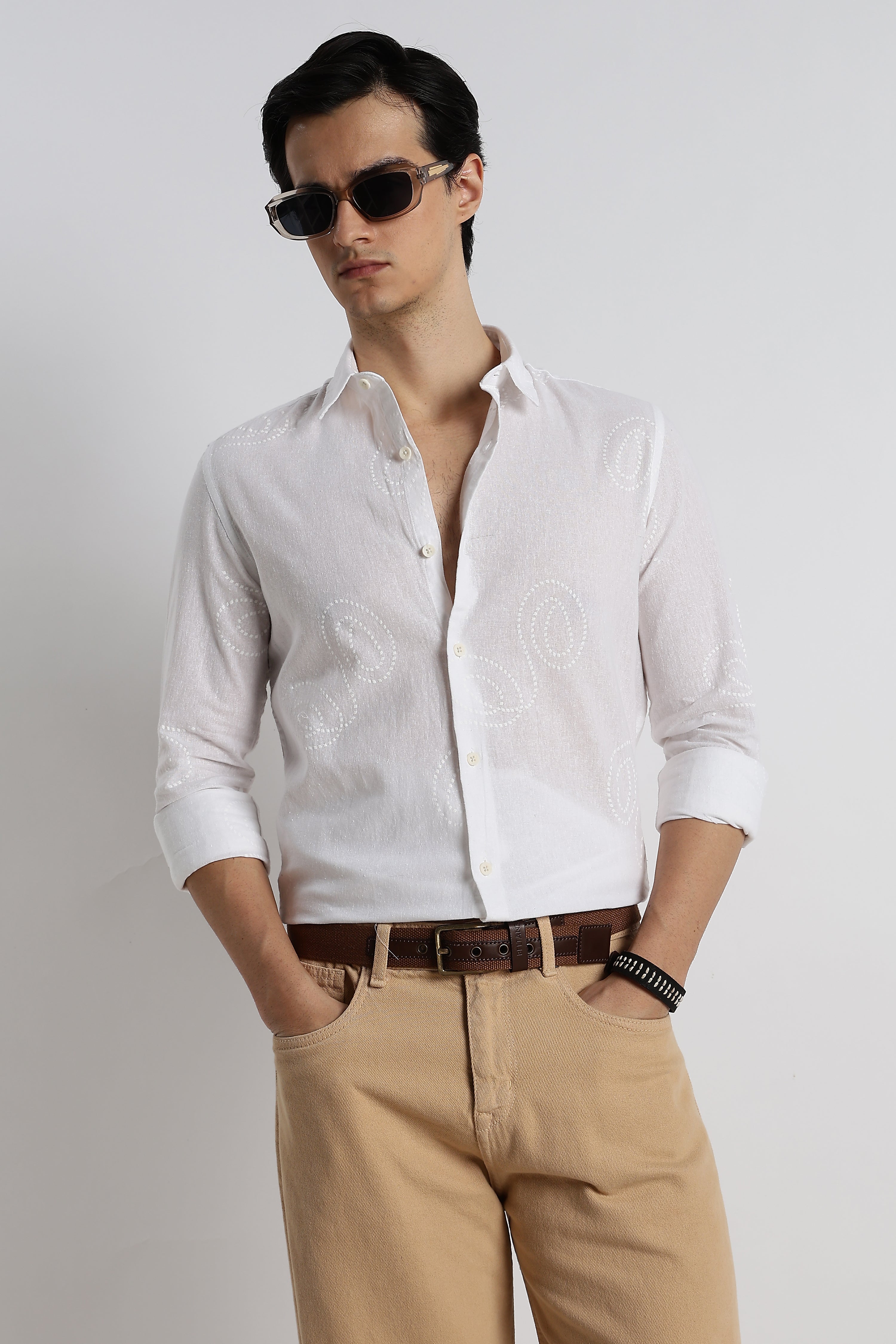 Men Dotted Swirl Printed Cotton Linen Shirt