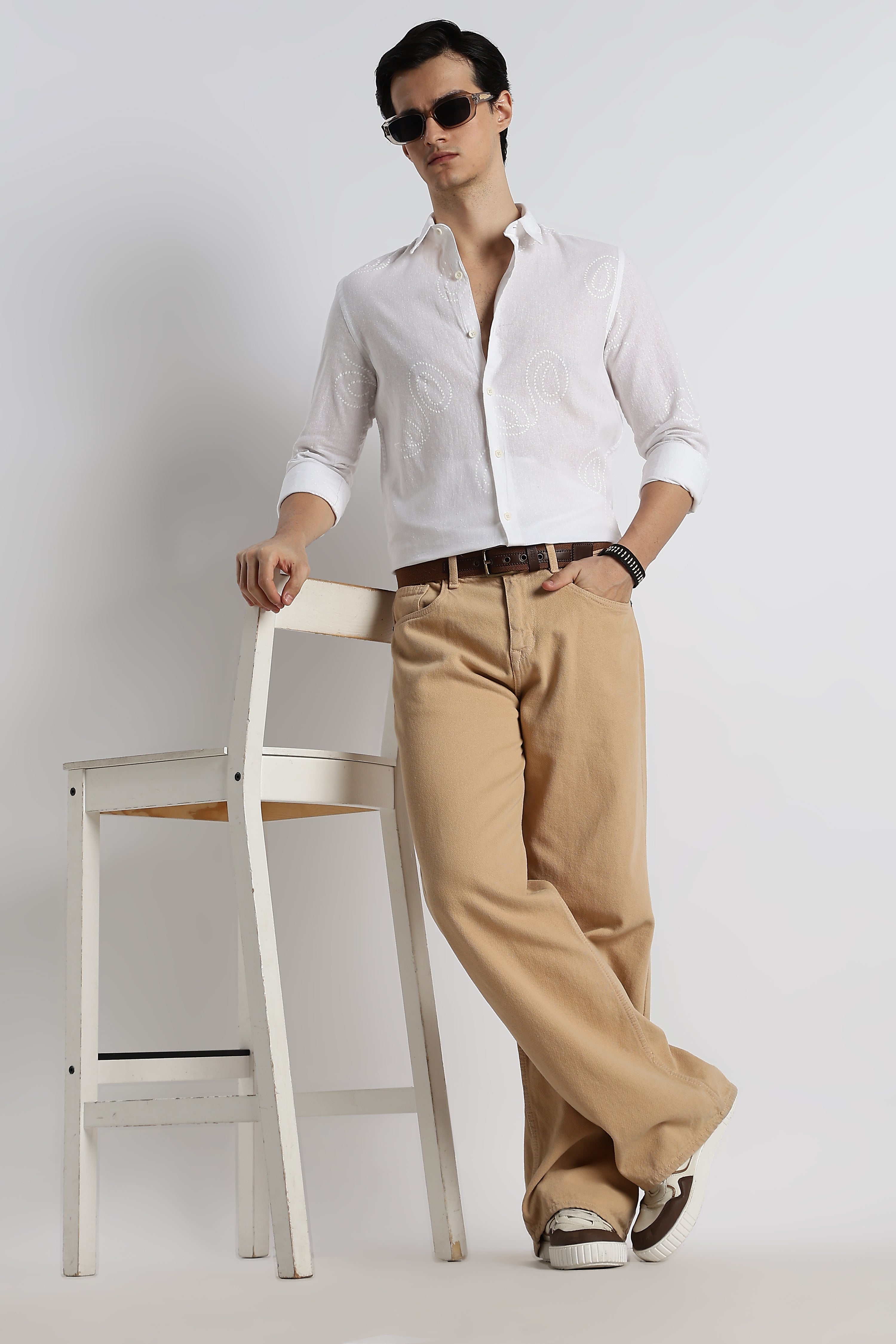 Men Dotted Swirl Printed Cotton Linen Shirt