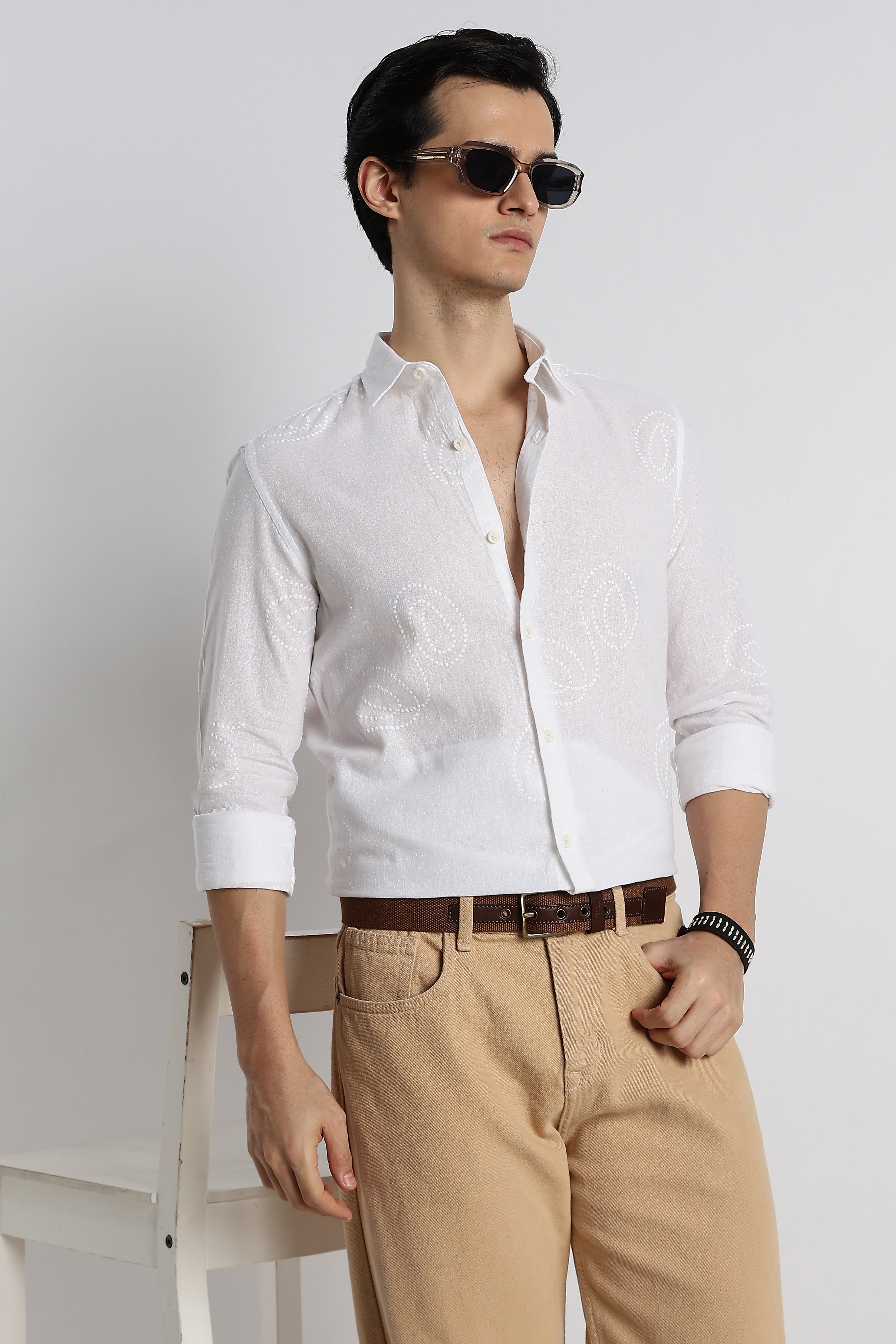 Men Dotted Swirl Printed Cotton Linen Shirt
