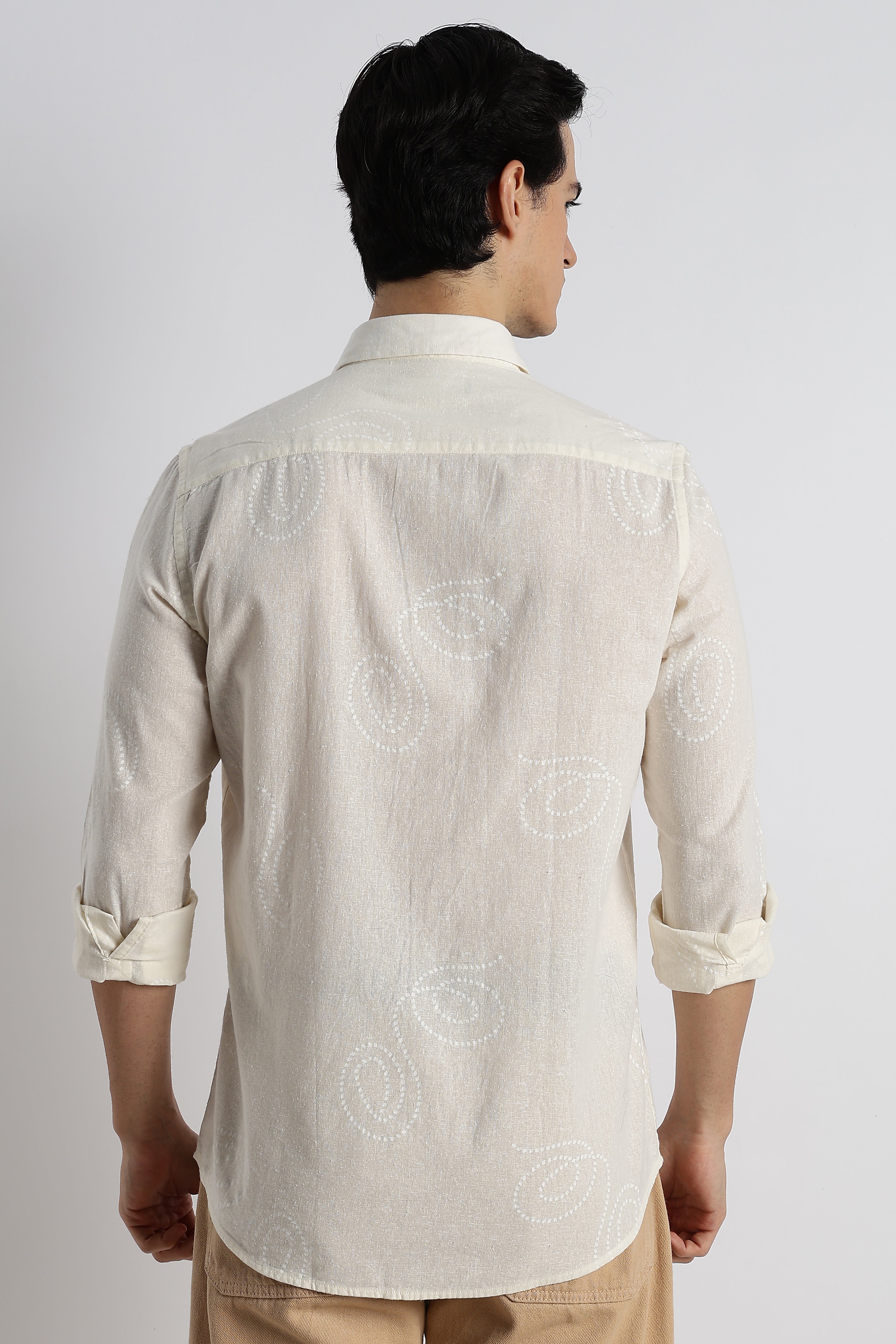 Men Dotted Swirl Printed Cotton Linen Shirt