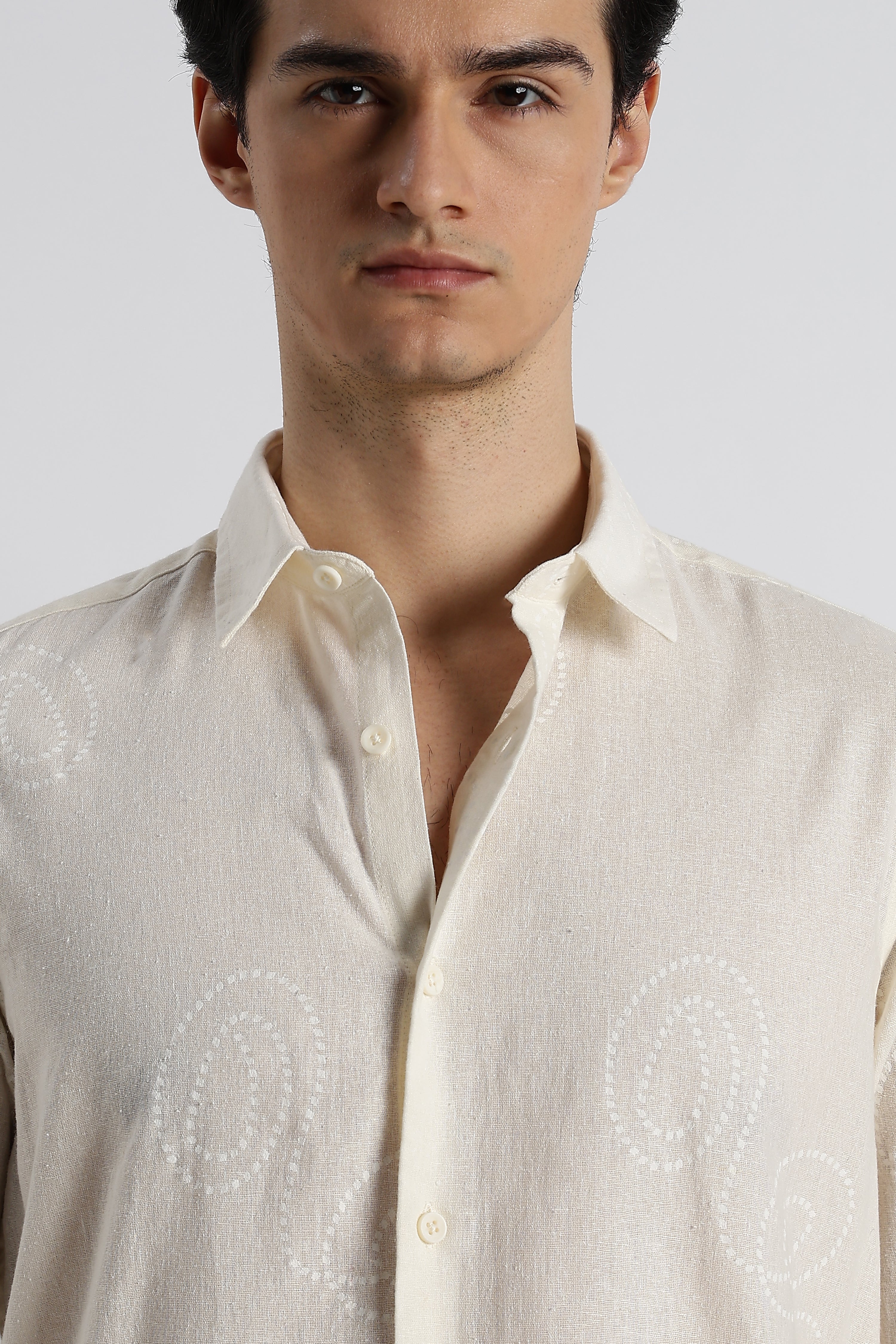Men Dotted Swirl Printed Cotton Linen Shirt