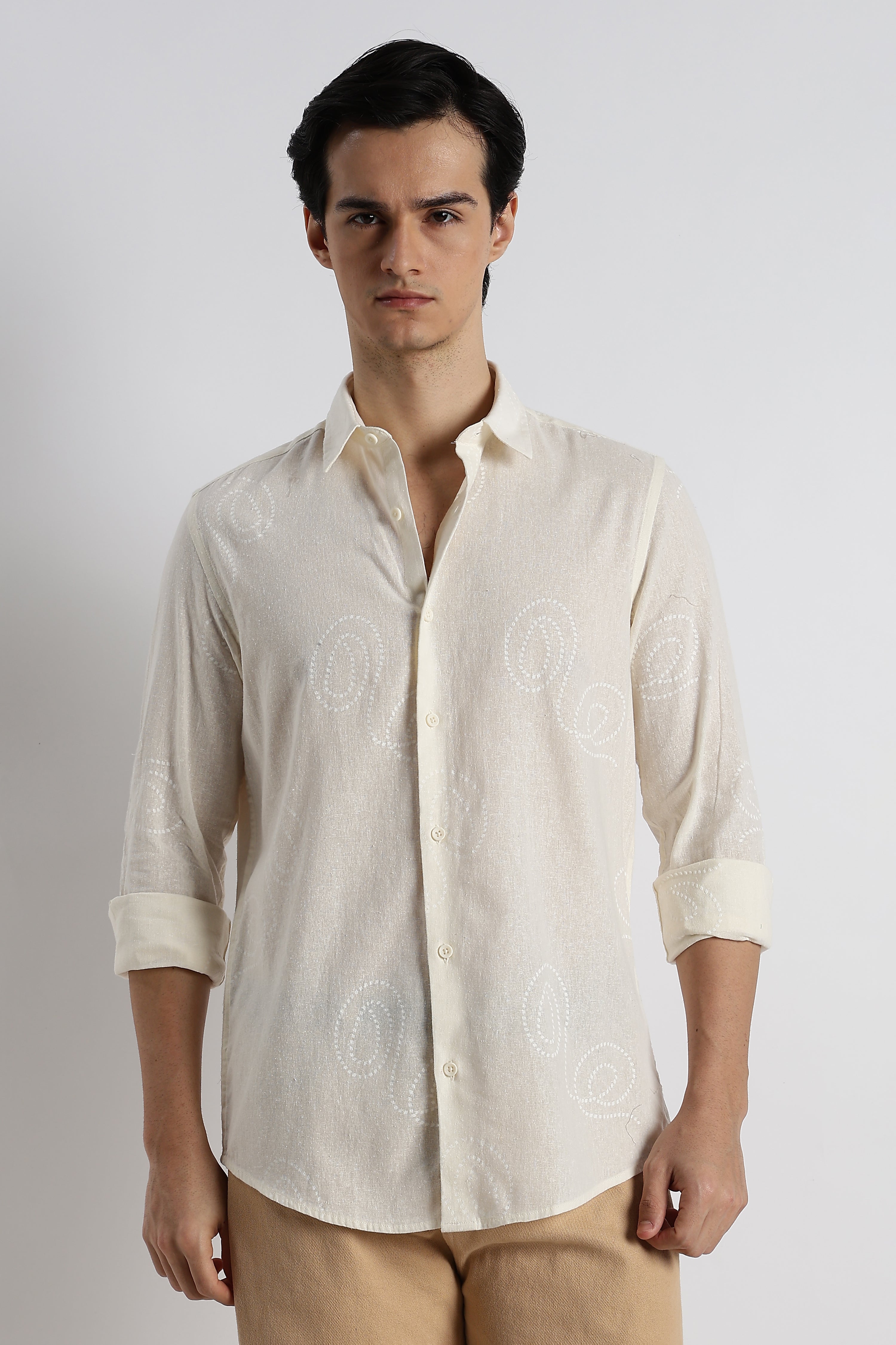 Men Dotted Swirl Printed Cotton Linen Shirt