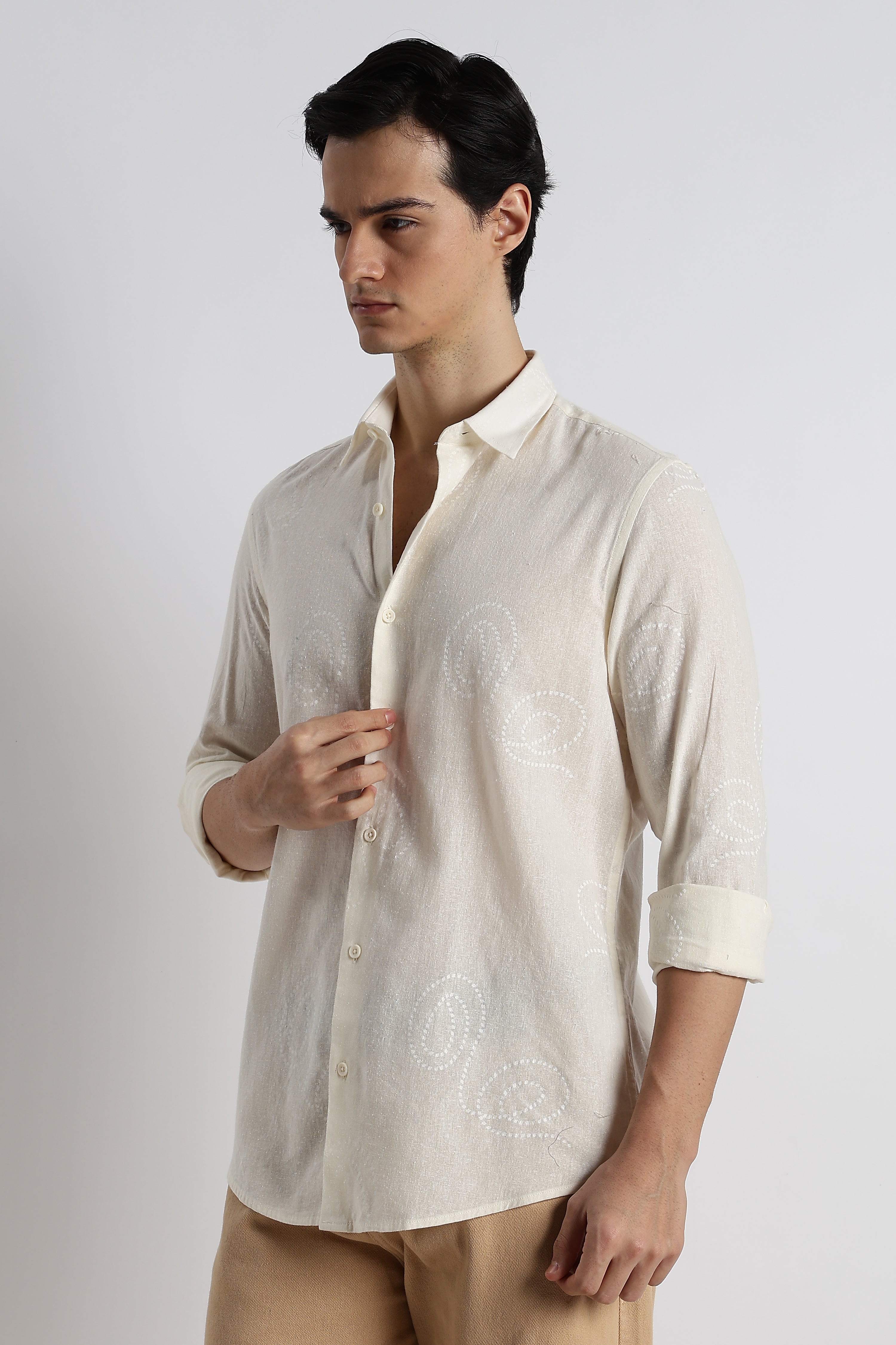 Men Dotted Swirl Printed Cotton Linen Shirt