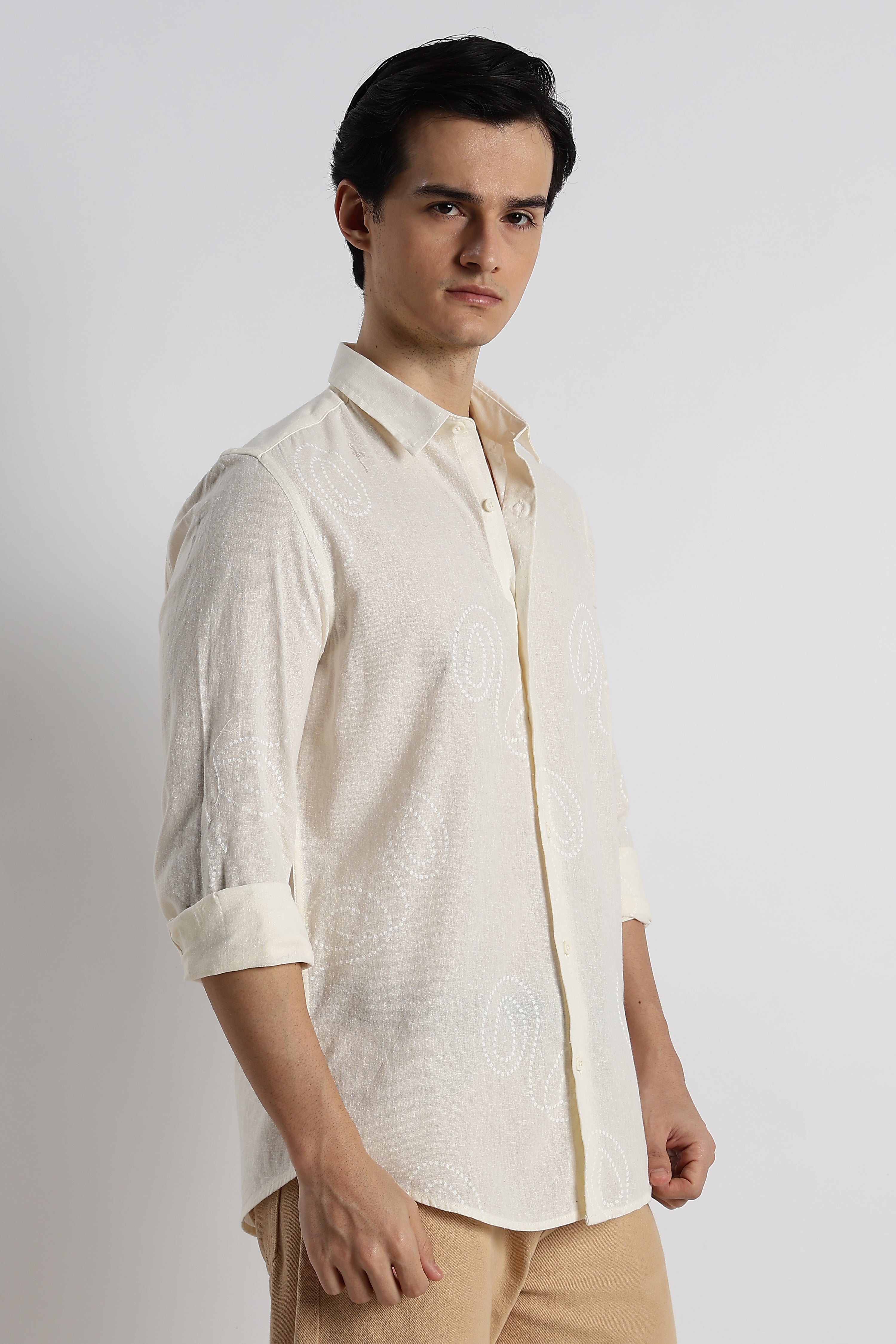 Men Dotted Swirl Printed Cotton Linen Shirt