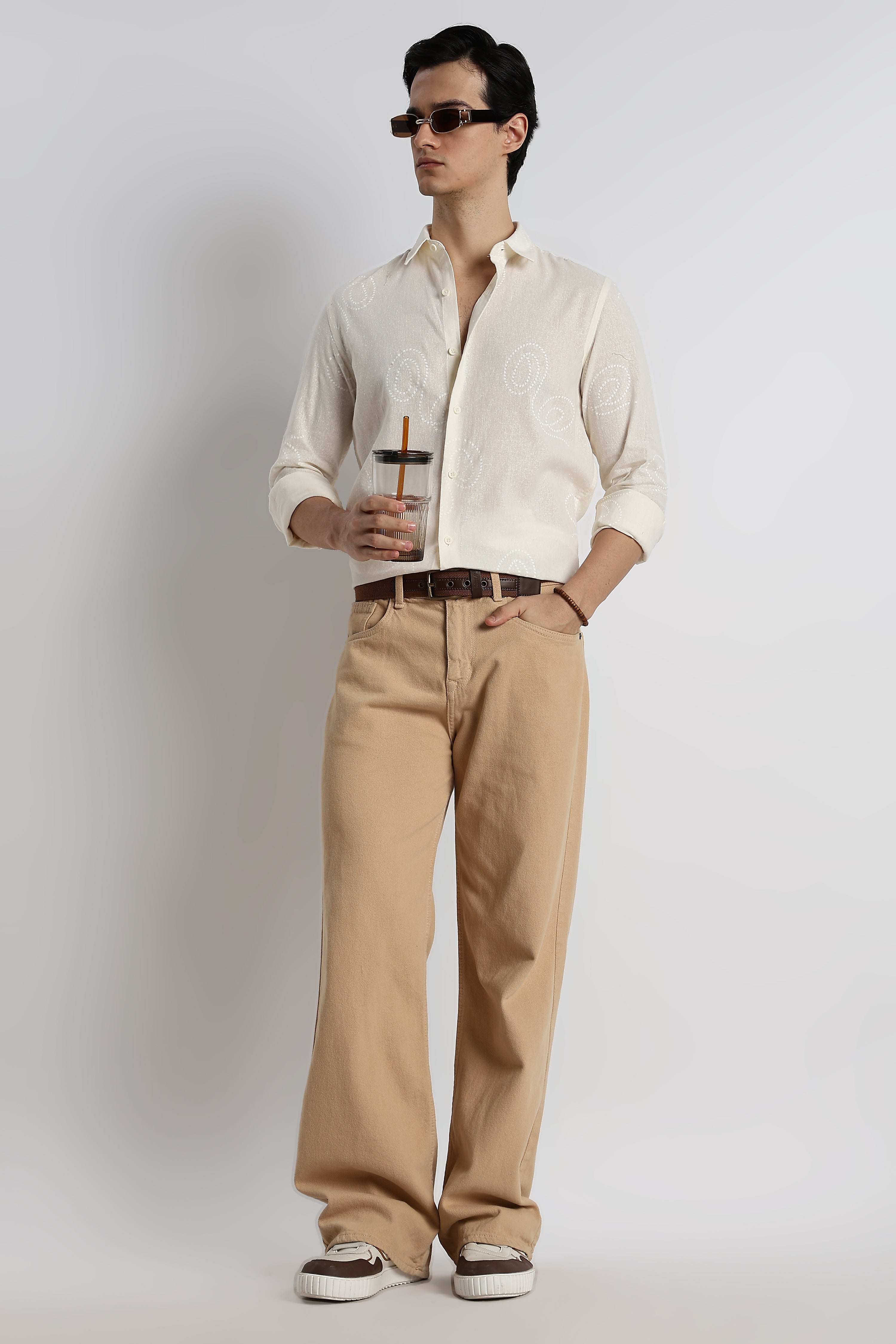 Men Dotted Swirl Printed Cotton Linen Shirt