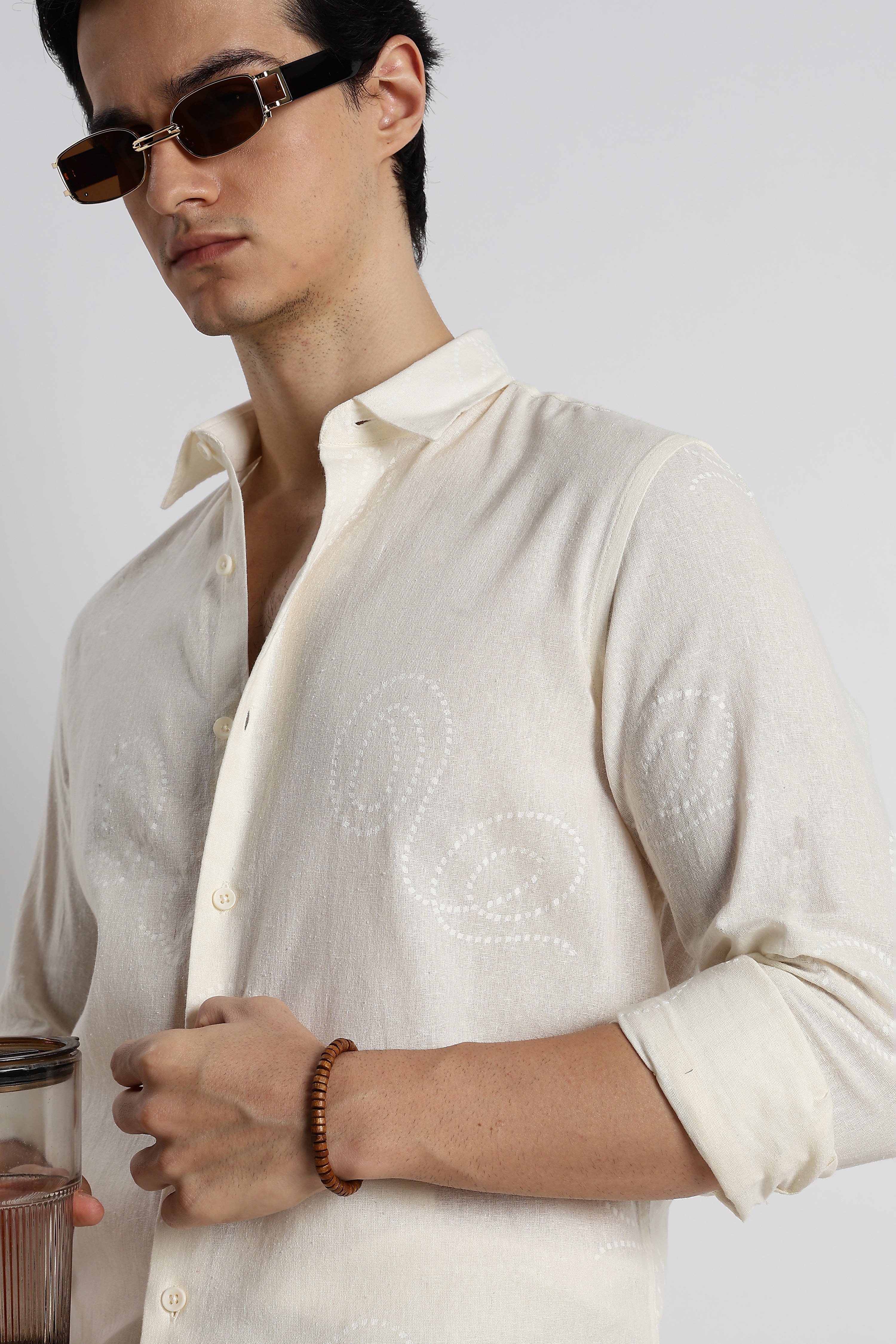 Men Dotted Swirl Printed Cotton Linen Shirt