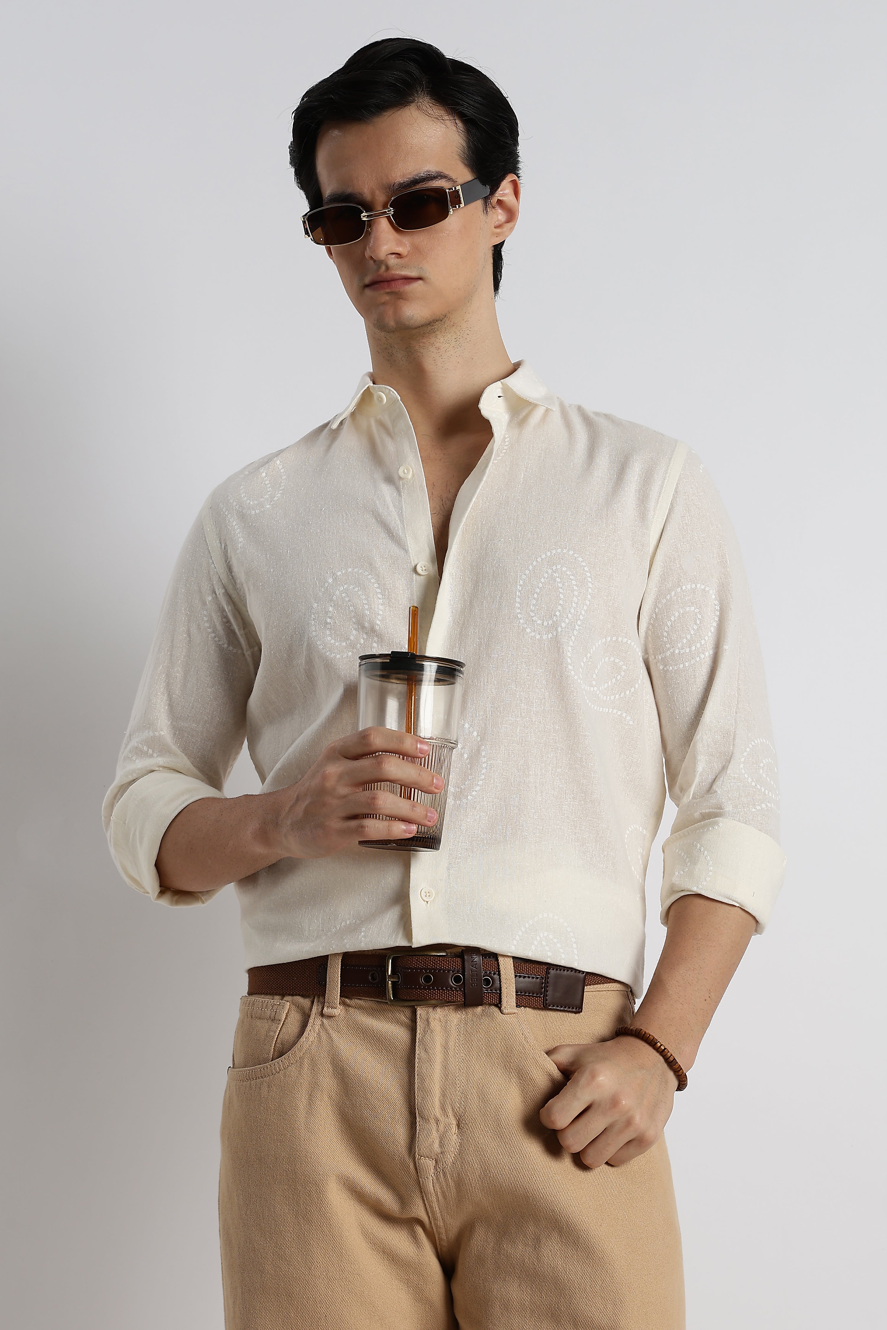 Men Dotted Swirl Printed Cotton Linen Shirt