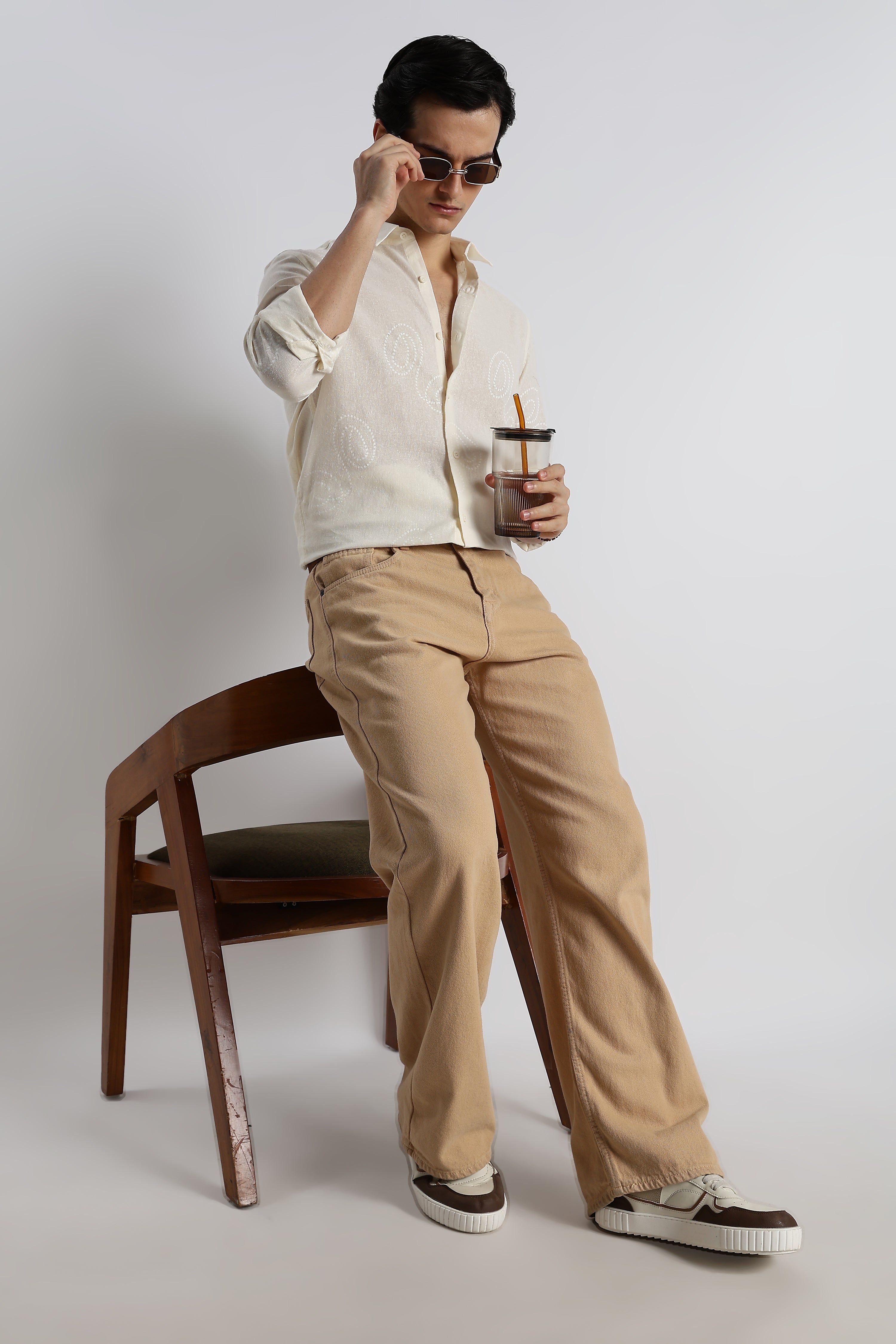 Men Dotted Swirl Printed Cotton Linen Shirt