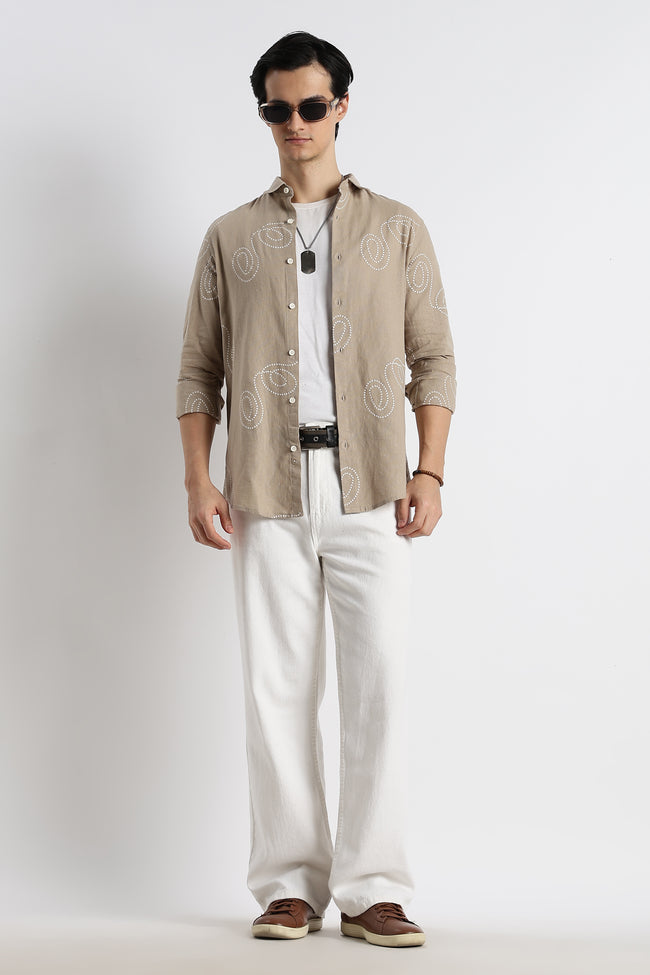 Men Dotted Swirl Printed Cotton Linen Shirt