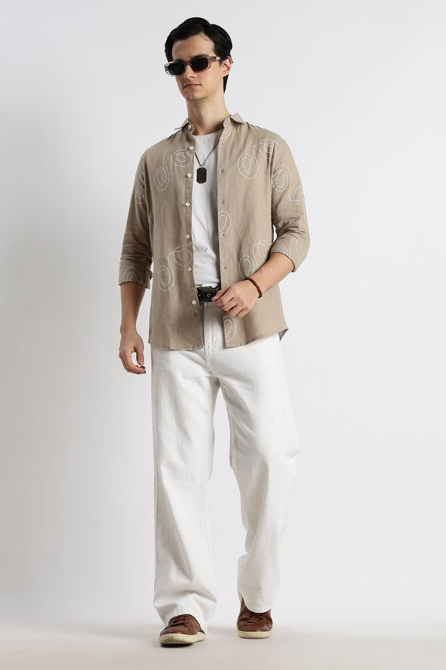 Men Dotted Swirl Printed Cotton Linen Shirt