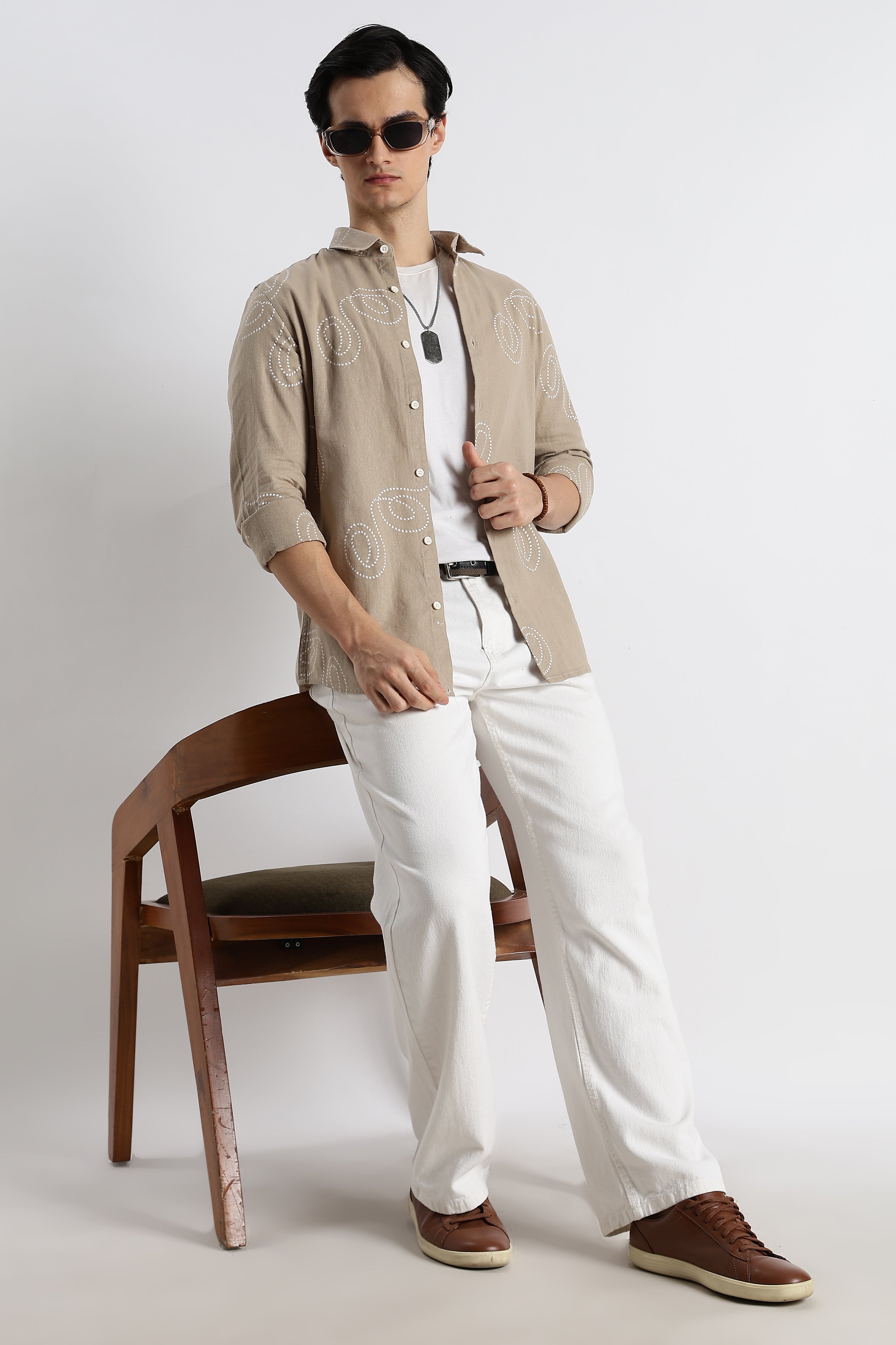 Men Dotted Swirl Printed Cotton Linen Shirt