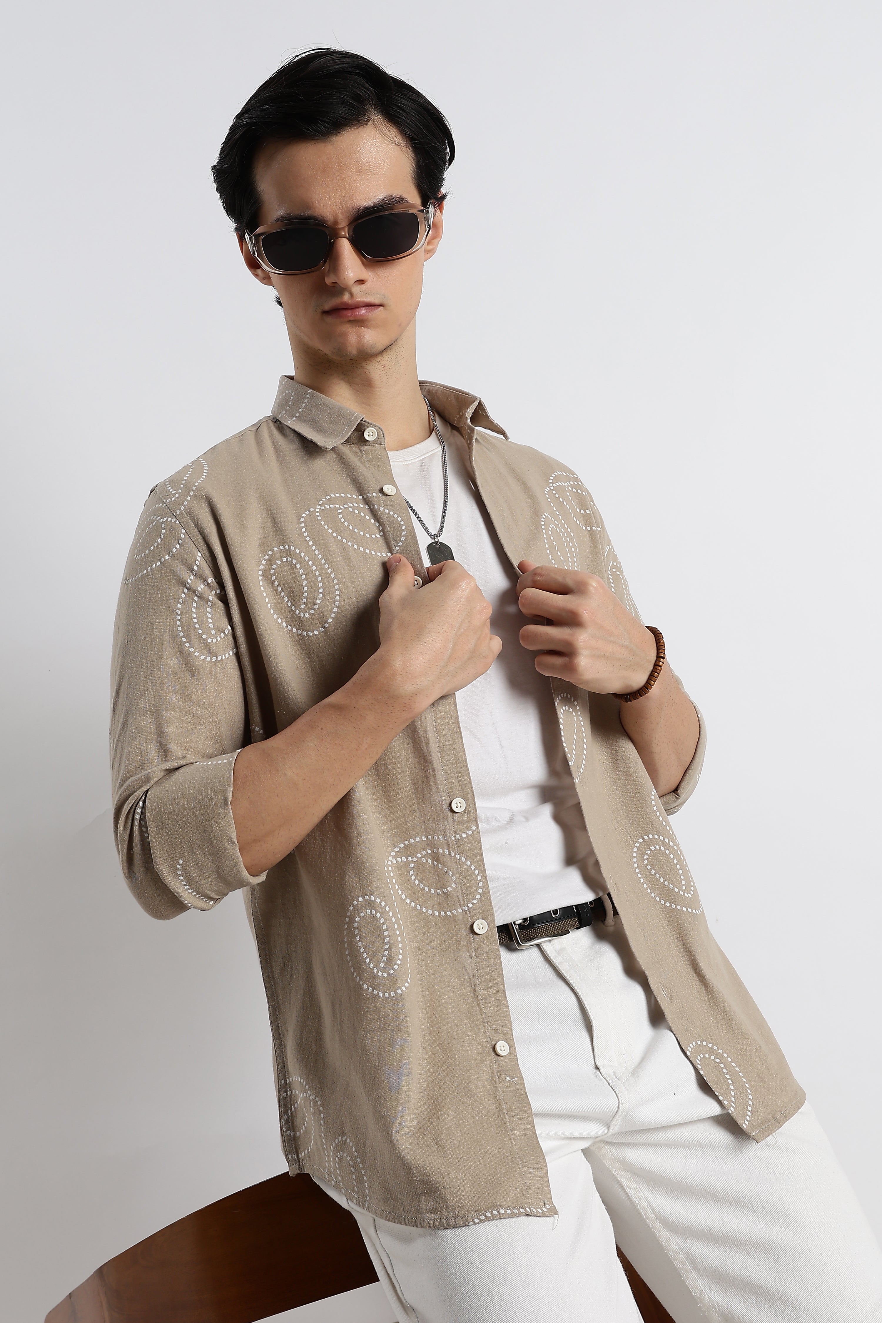 Men Dotted Swirl Printed Cotton Linen Shirt