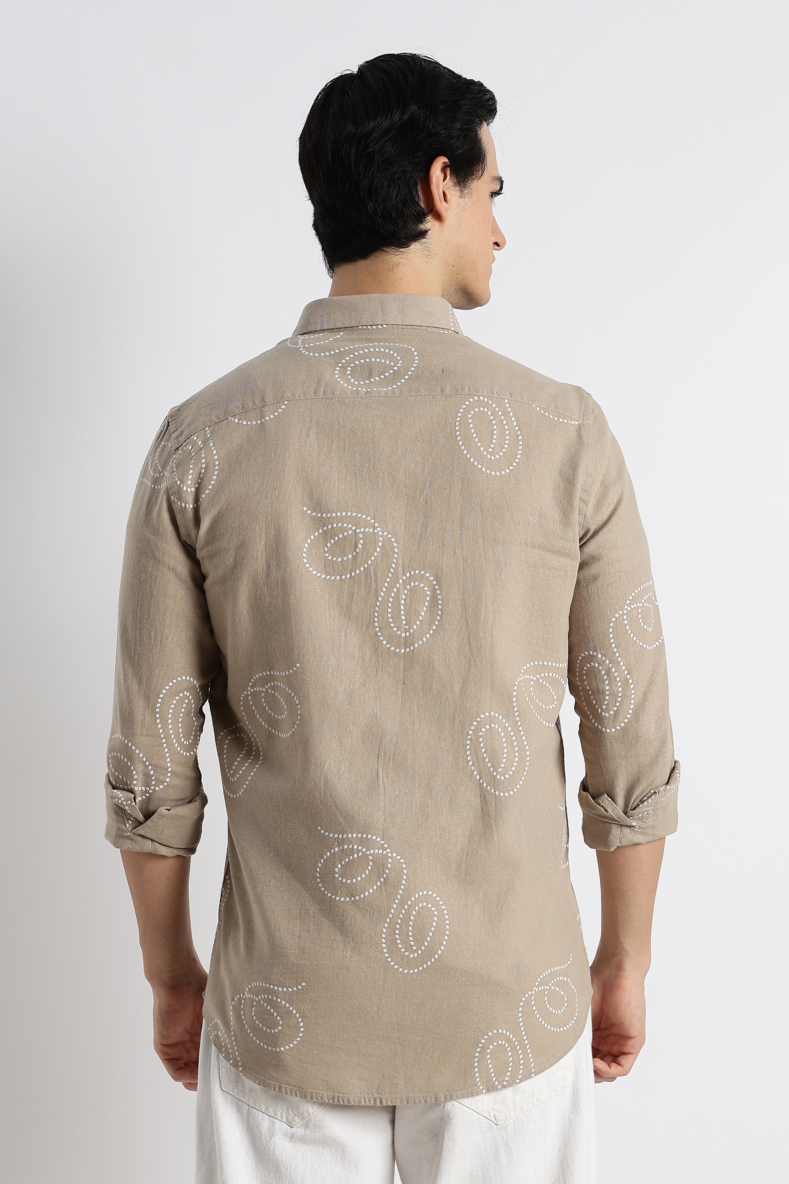 Men Dotted Swirl Printed Cotton Linen Shirt