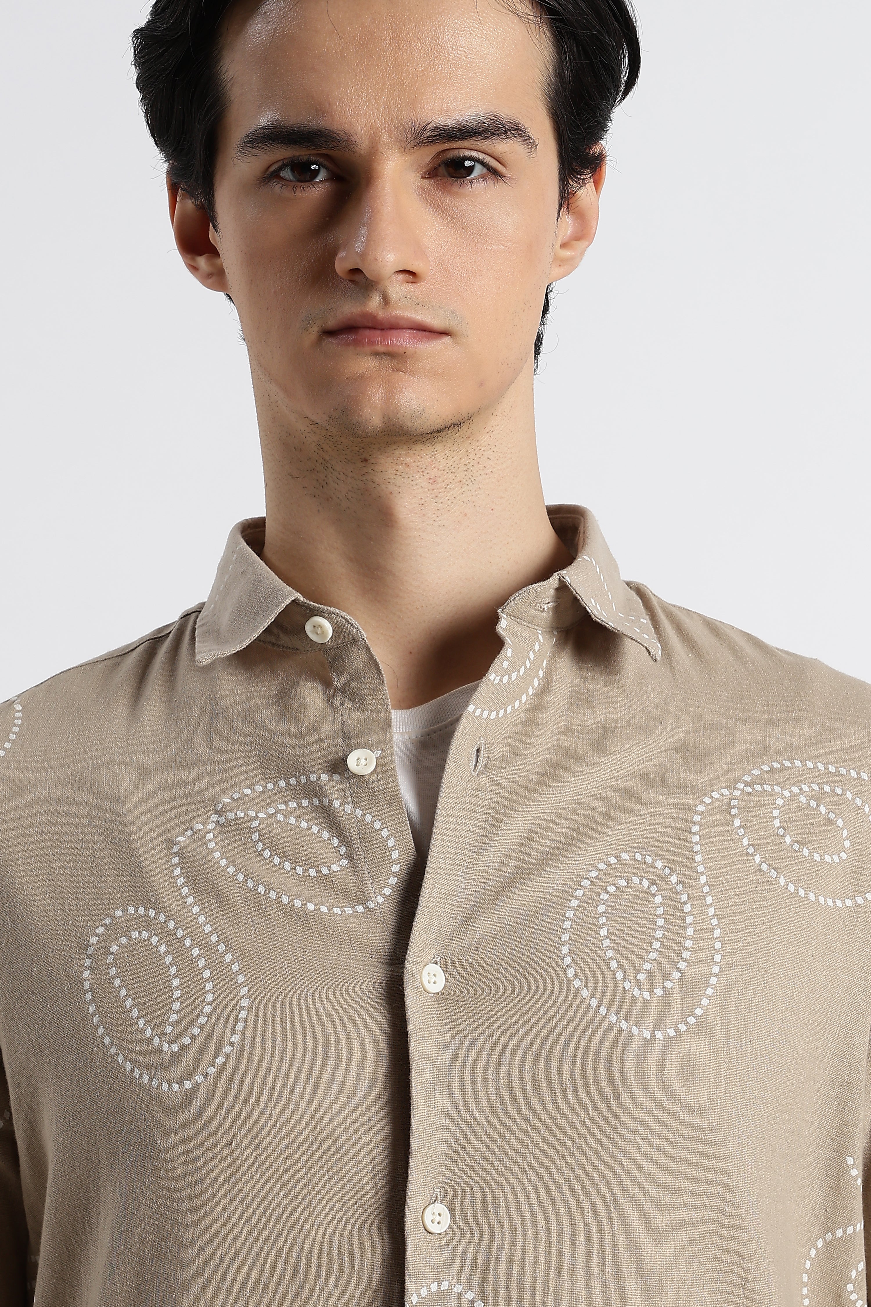 Men Dotted Swirl Printed Cotton Linen Shirt