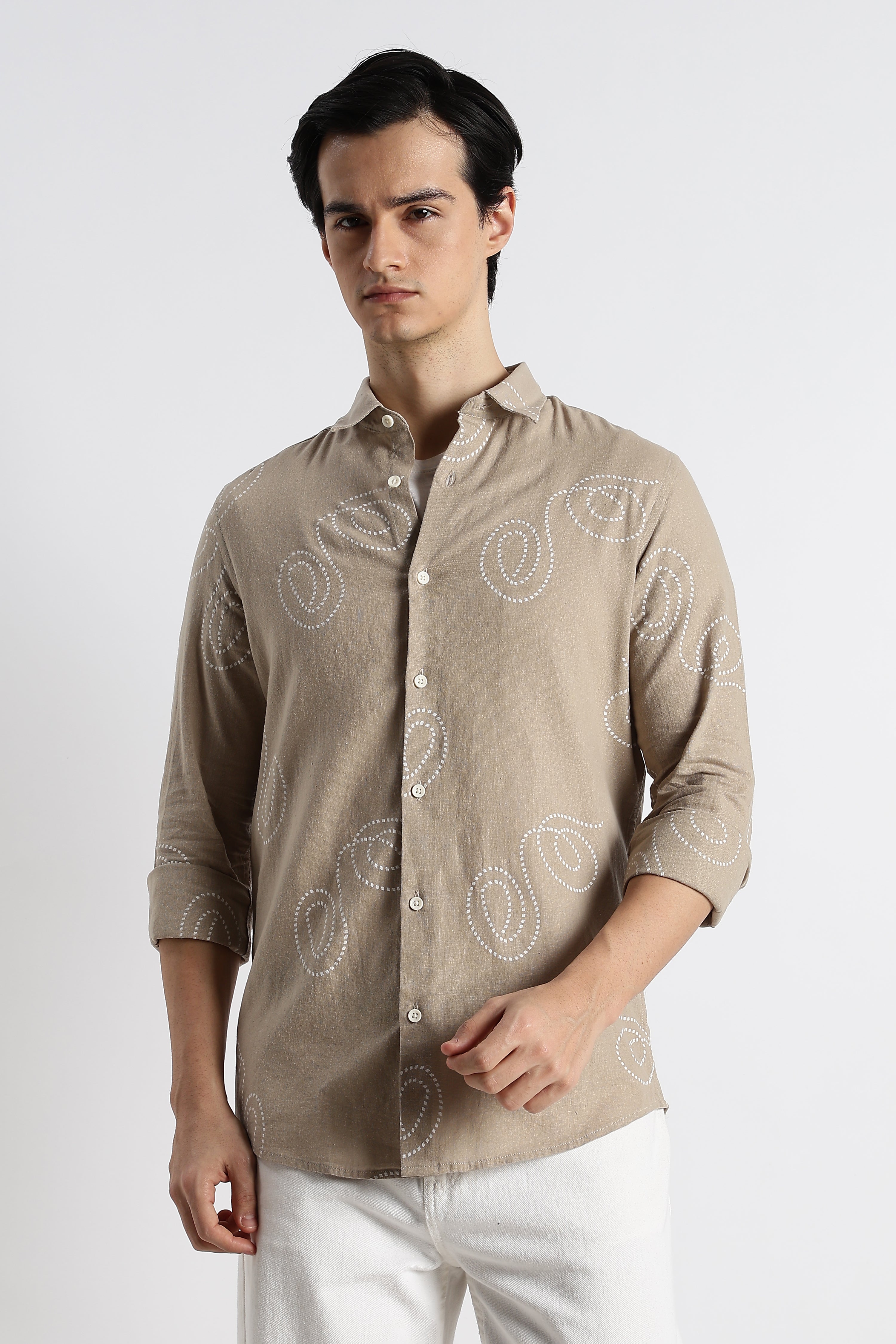 Men Dotted Swirl Printed Cotton Linen Shirt